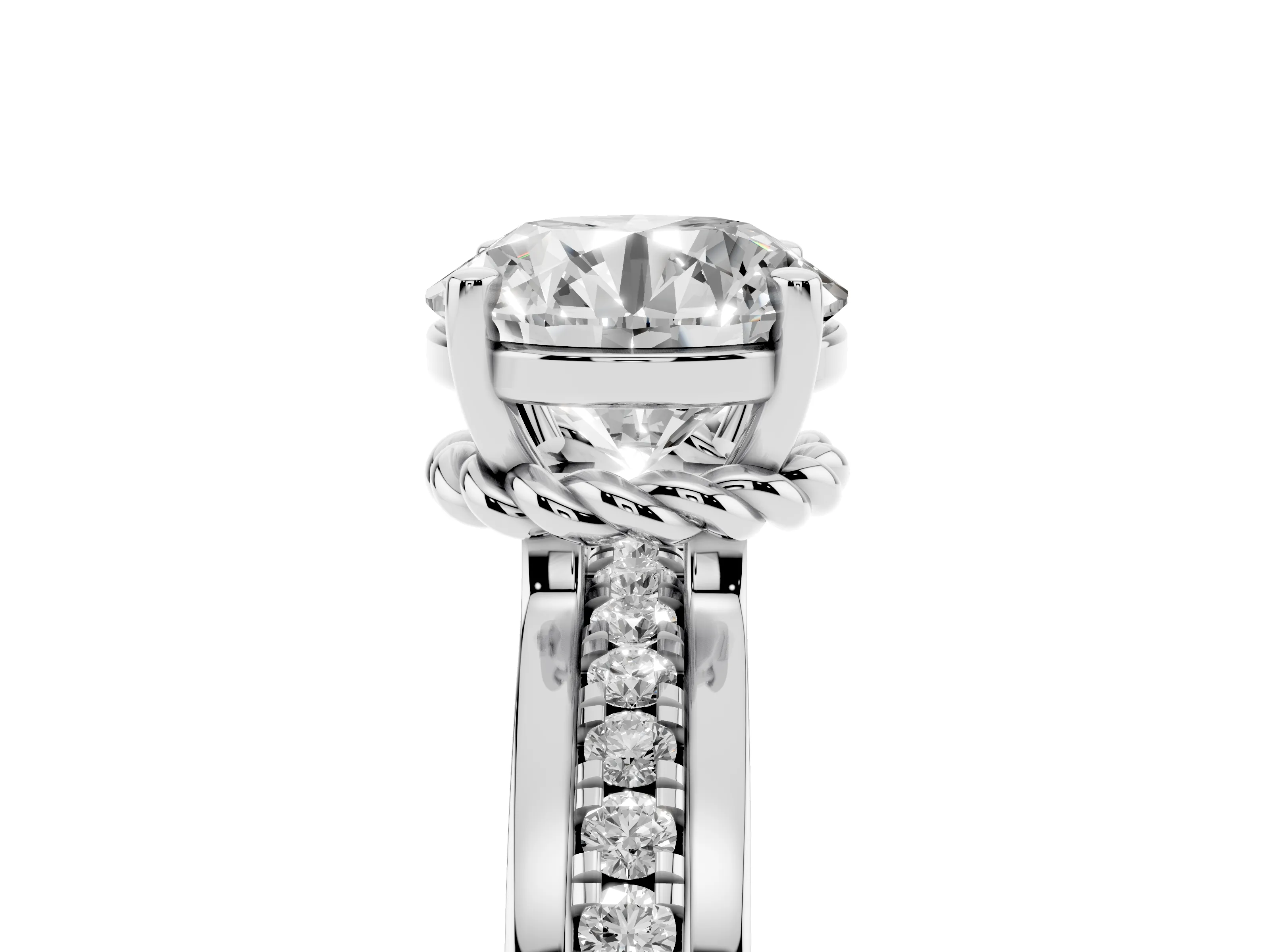 Round Cut Diamond Solitaire Ring Set in Platinum with Channel Set Band and Prong Setting