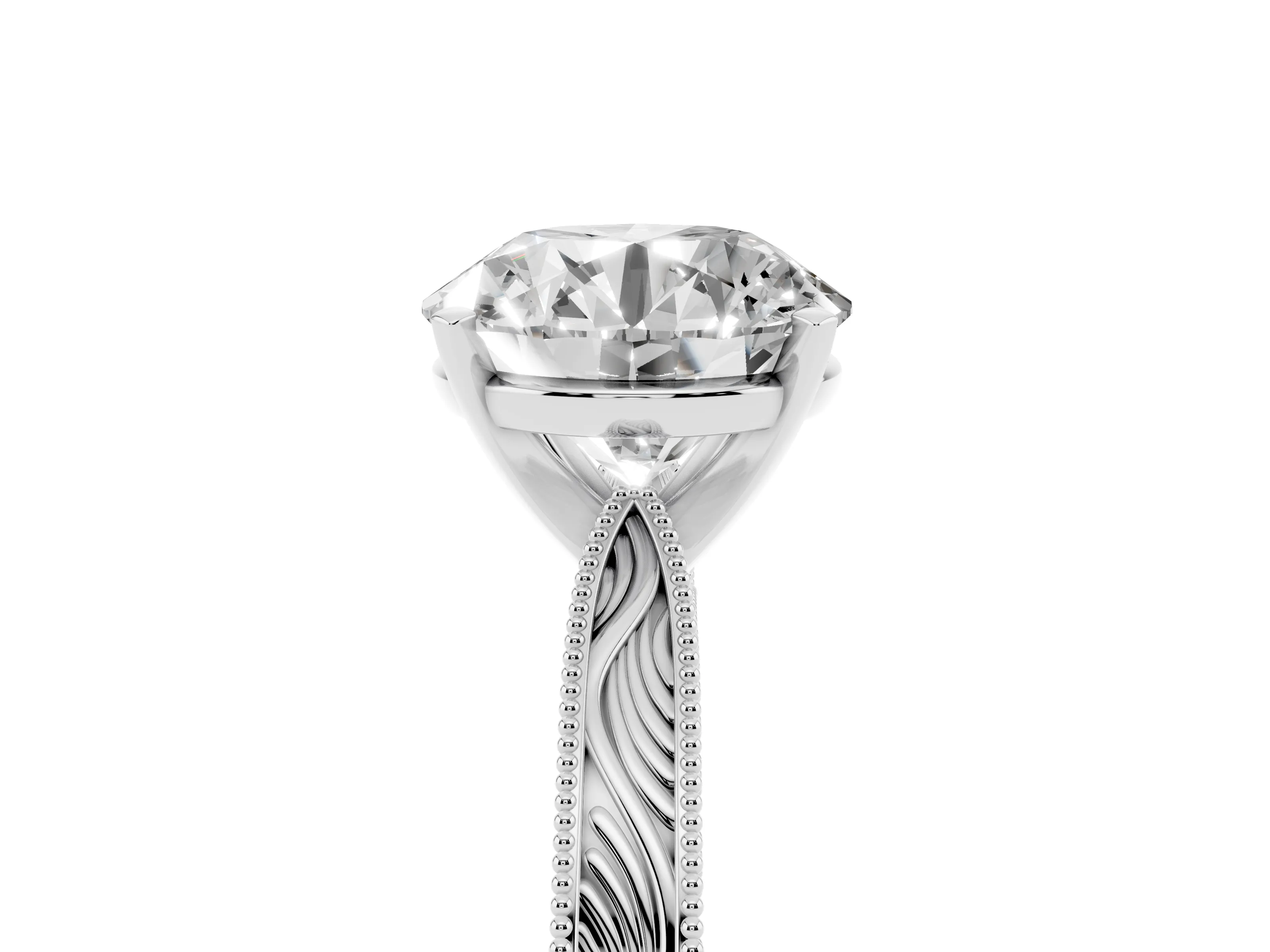 Round Cut Diamond Solitaire Milgrain Engraved Band Set in Platinum with Prong Setting