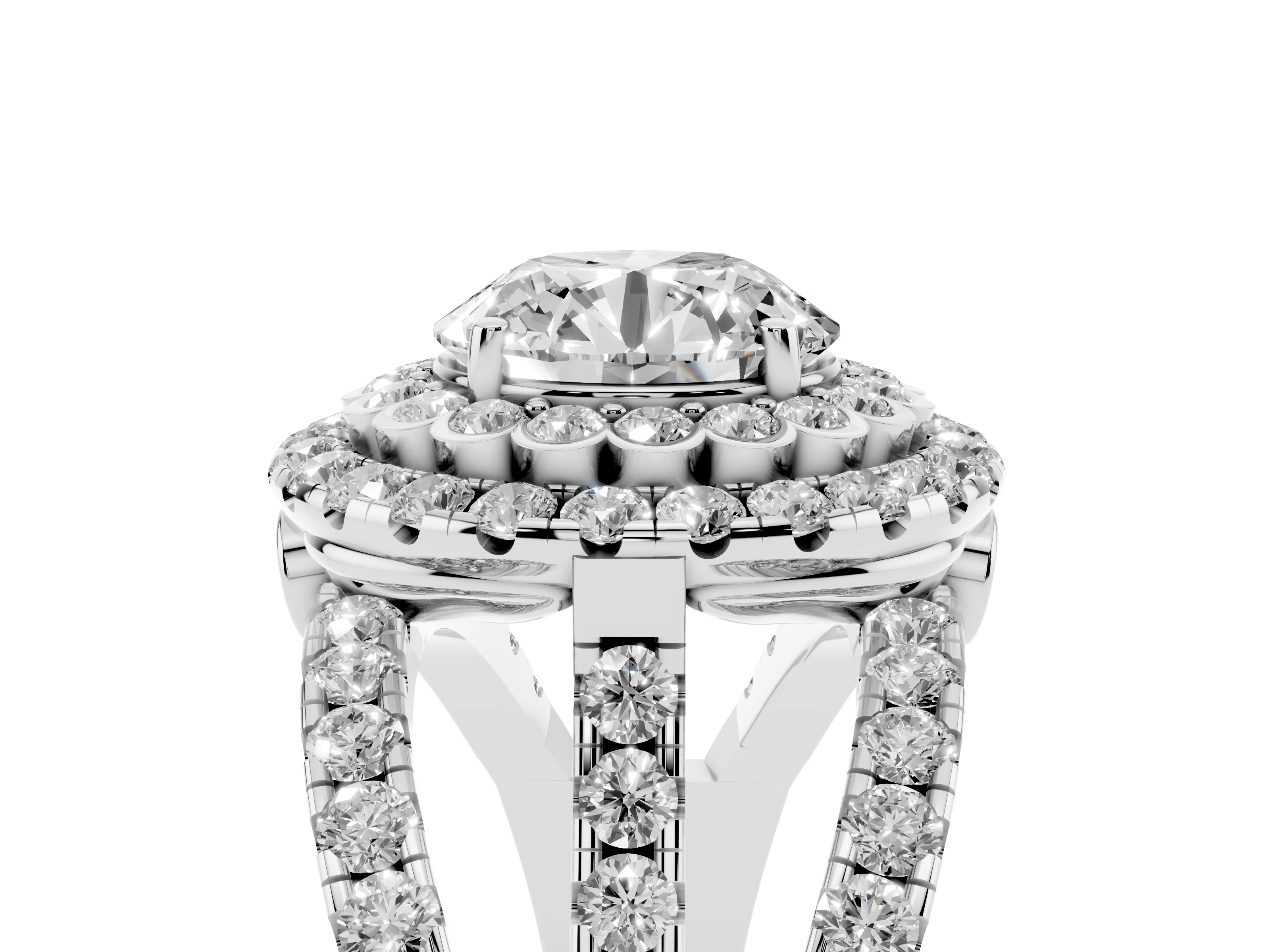 Round Cut Diamond Double Halo Ring Set in White gold with Round Pavé Split Shank
