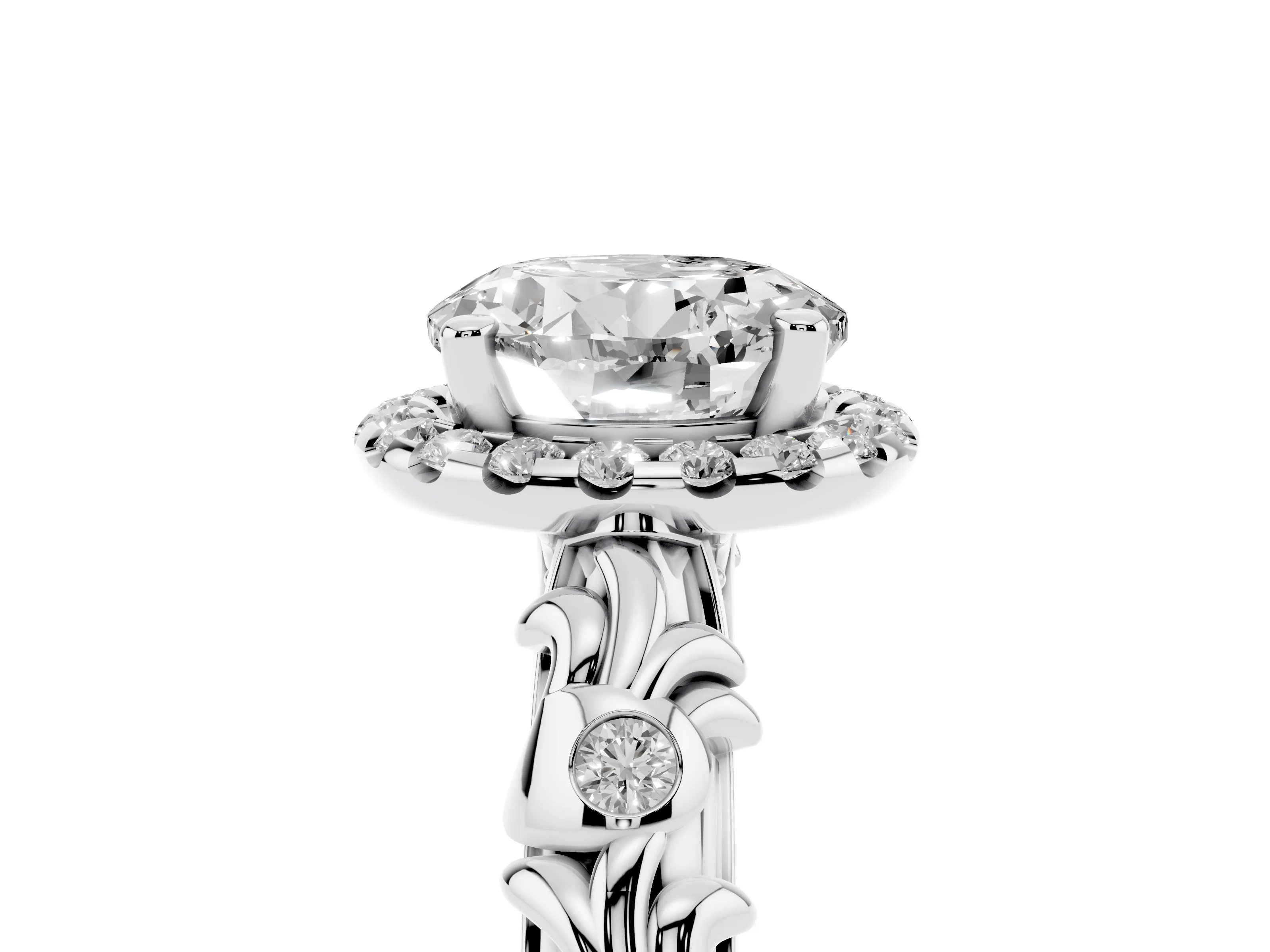 Round Cut Diamond Halo Ring Set in Platinum with Filigree Leaf Band and Prong Setting