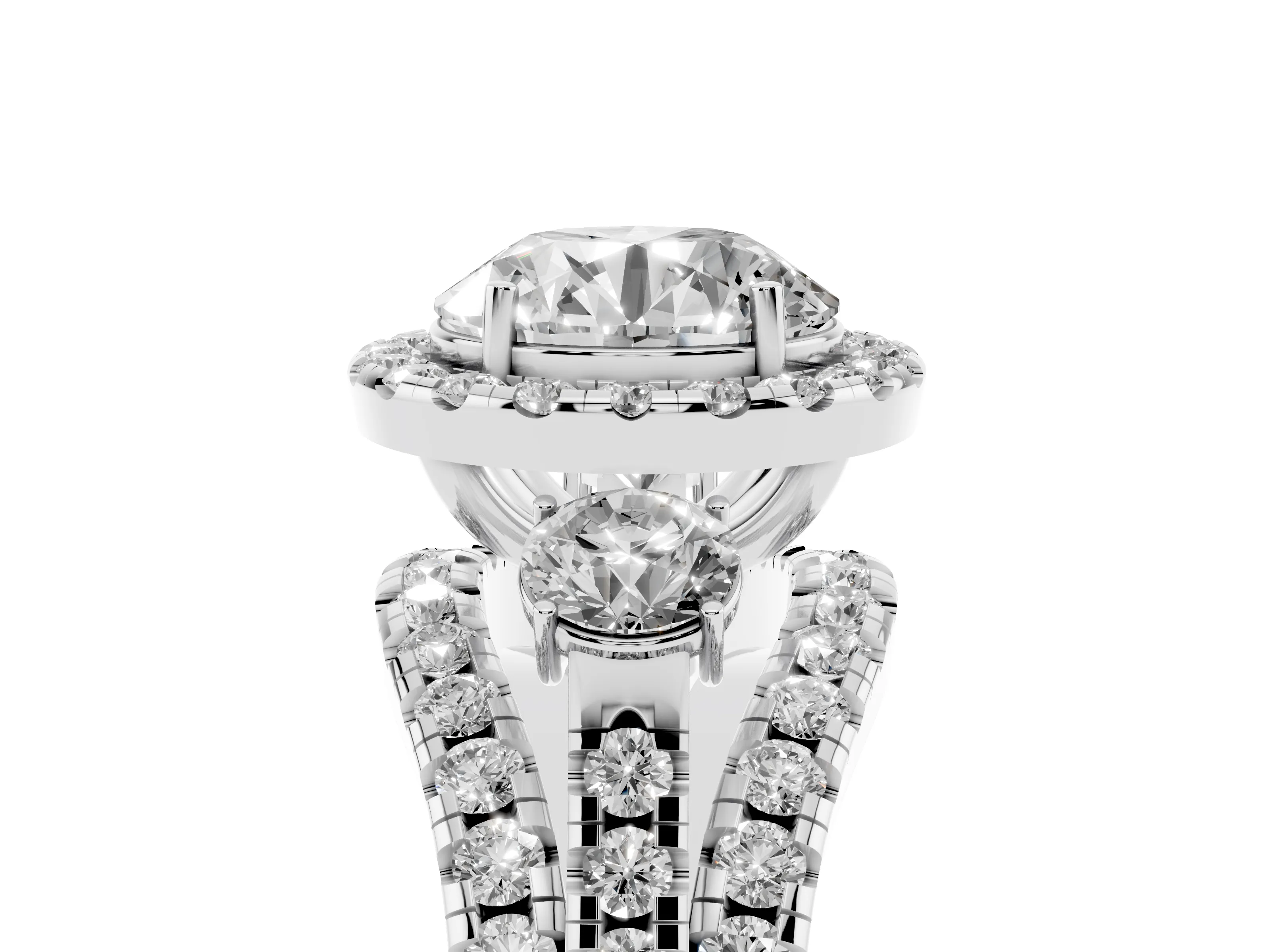 Round Cut Diamond Halo Split Shank Ring Set in Platinum with Round Accent Stones and Prong Setting