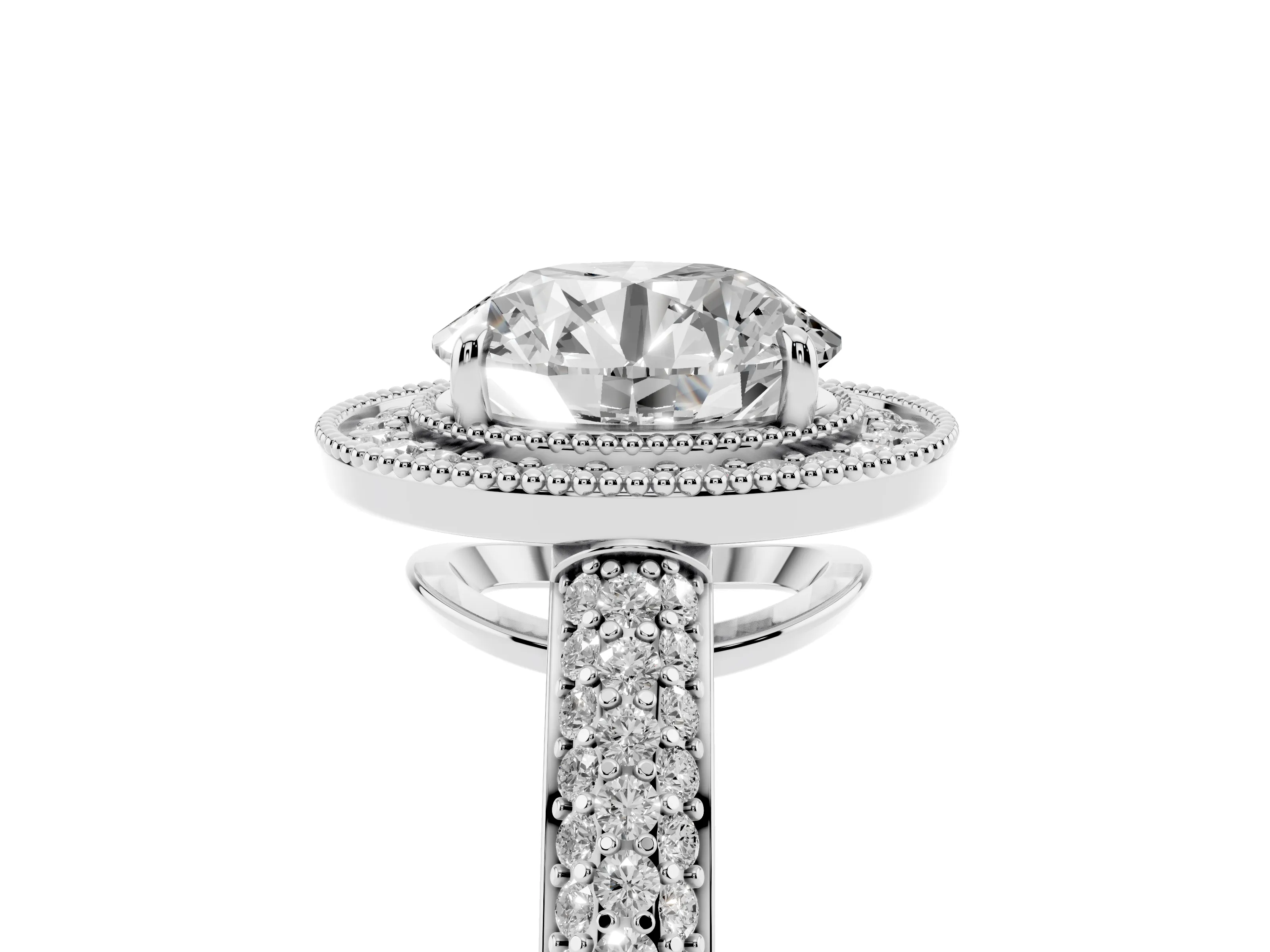 Round Cut Diamond Halo Pavé Band Set in Silver with Prong Setting