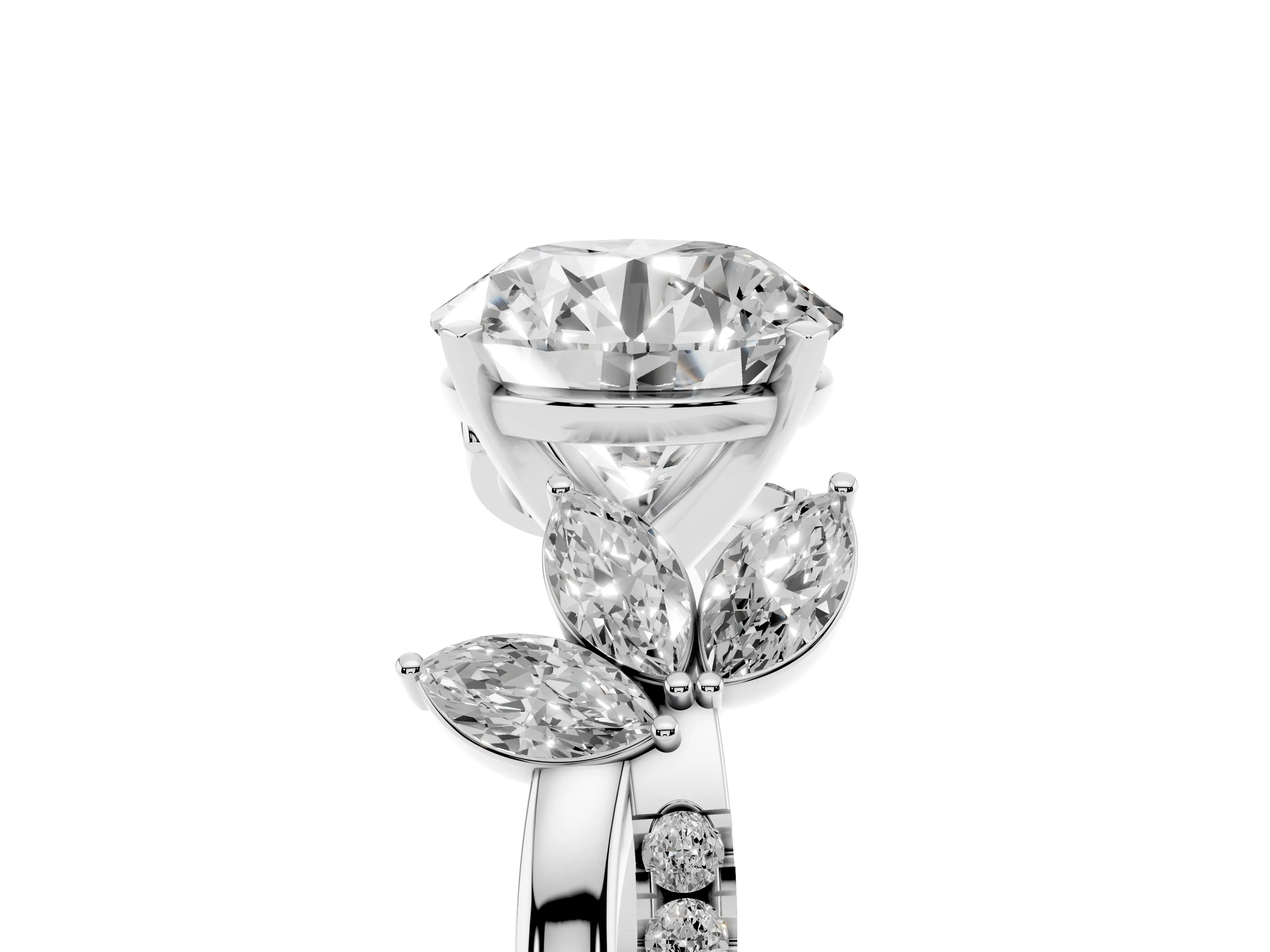 Round Cut Diamond Floral Vine Solitaire Engagement Ring Set in White gold with Marquise Leaves