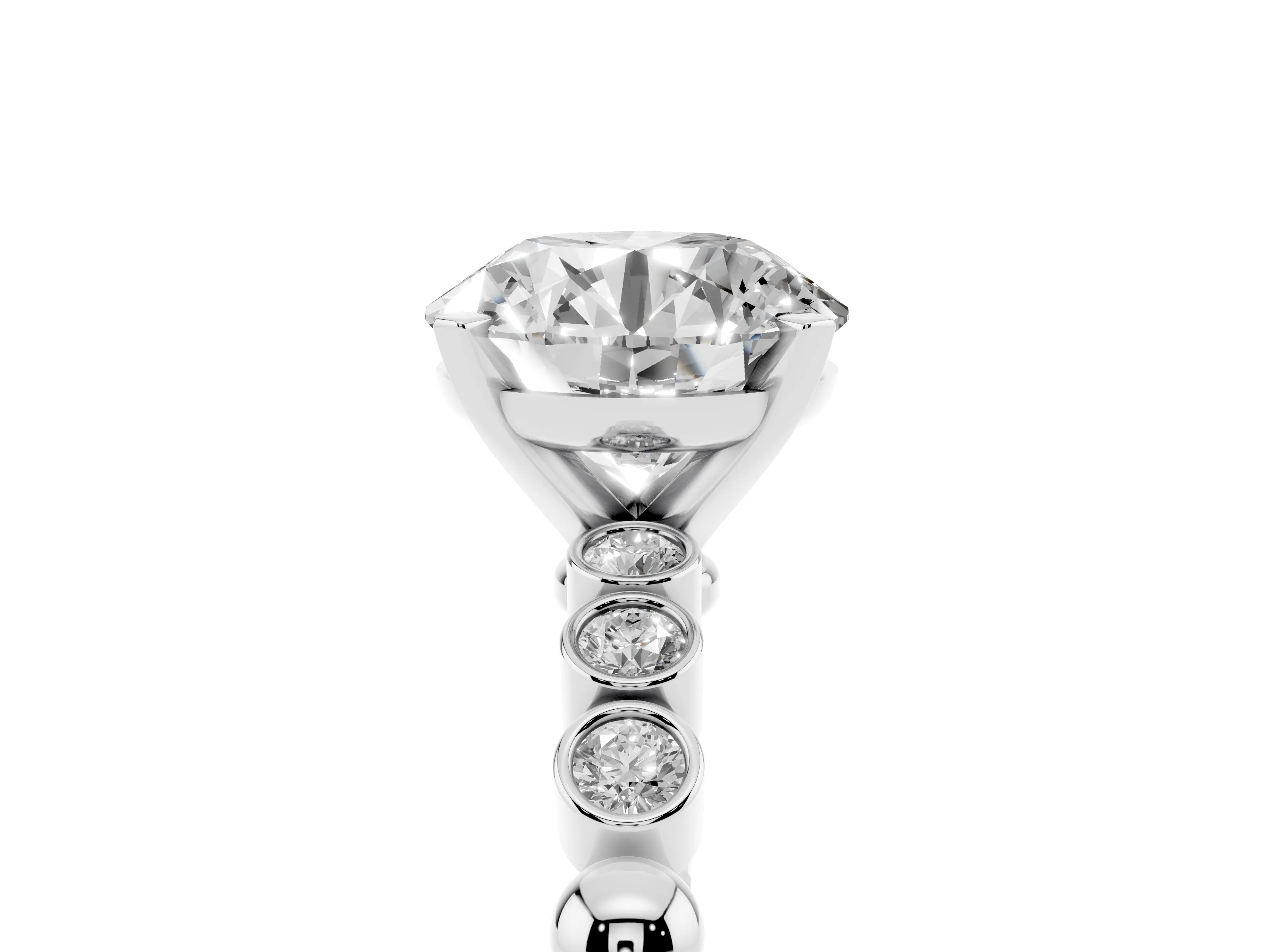 Round Cut Diamond Solitaire Engagement Ring Set in Silver with Bezel Accents on Beaded Band
