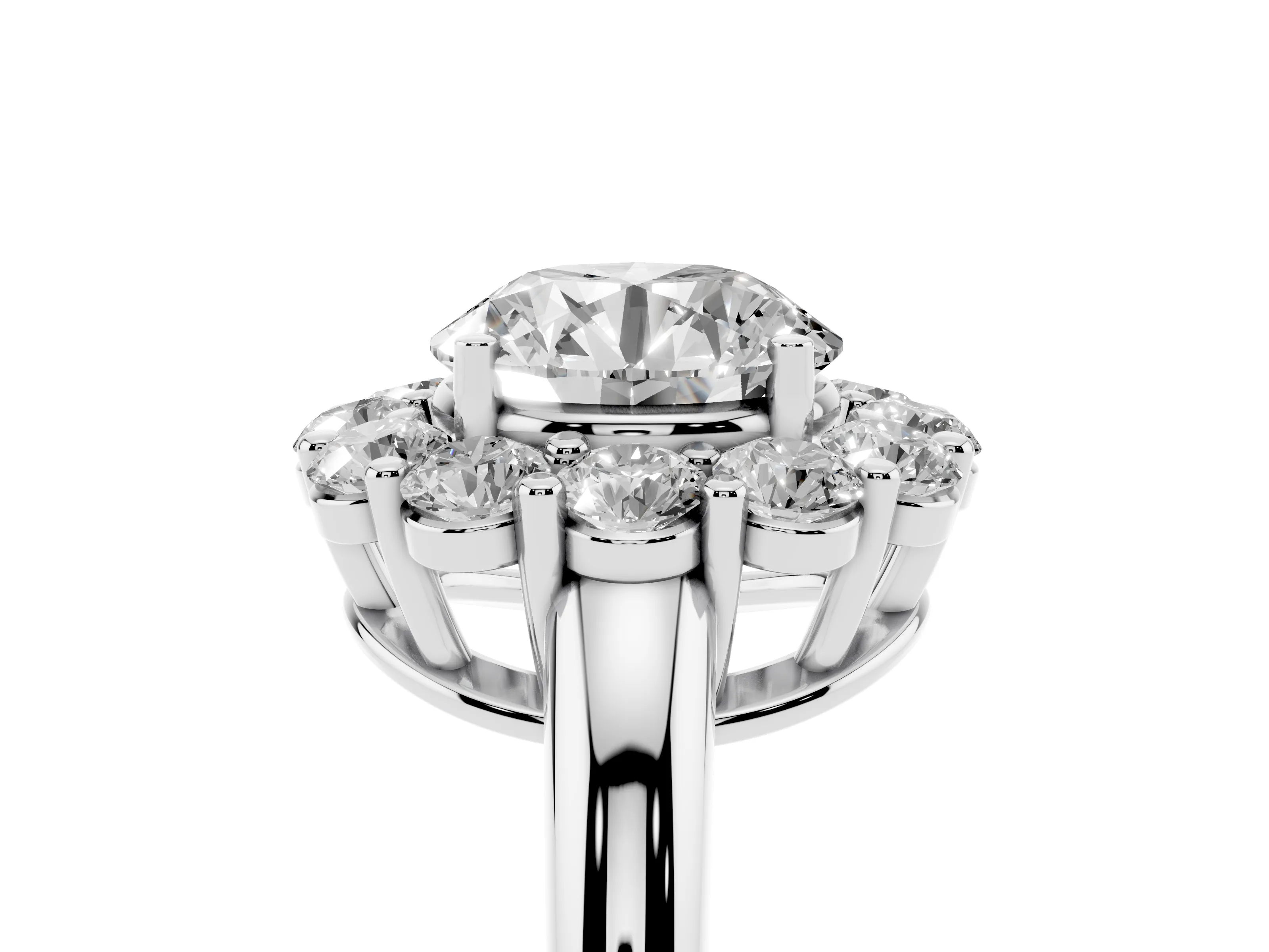 Round Cut Diamond Halo Cluster Engagement Ring Set in Platinum with Polished Band and Prong Setting