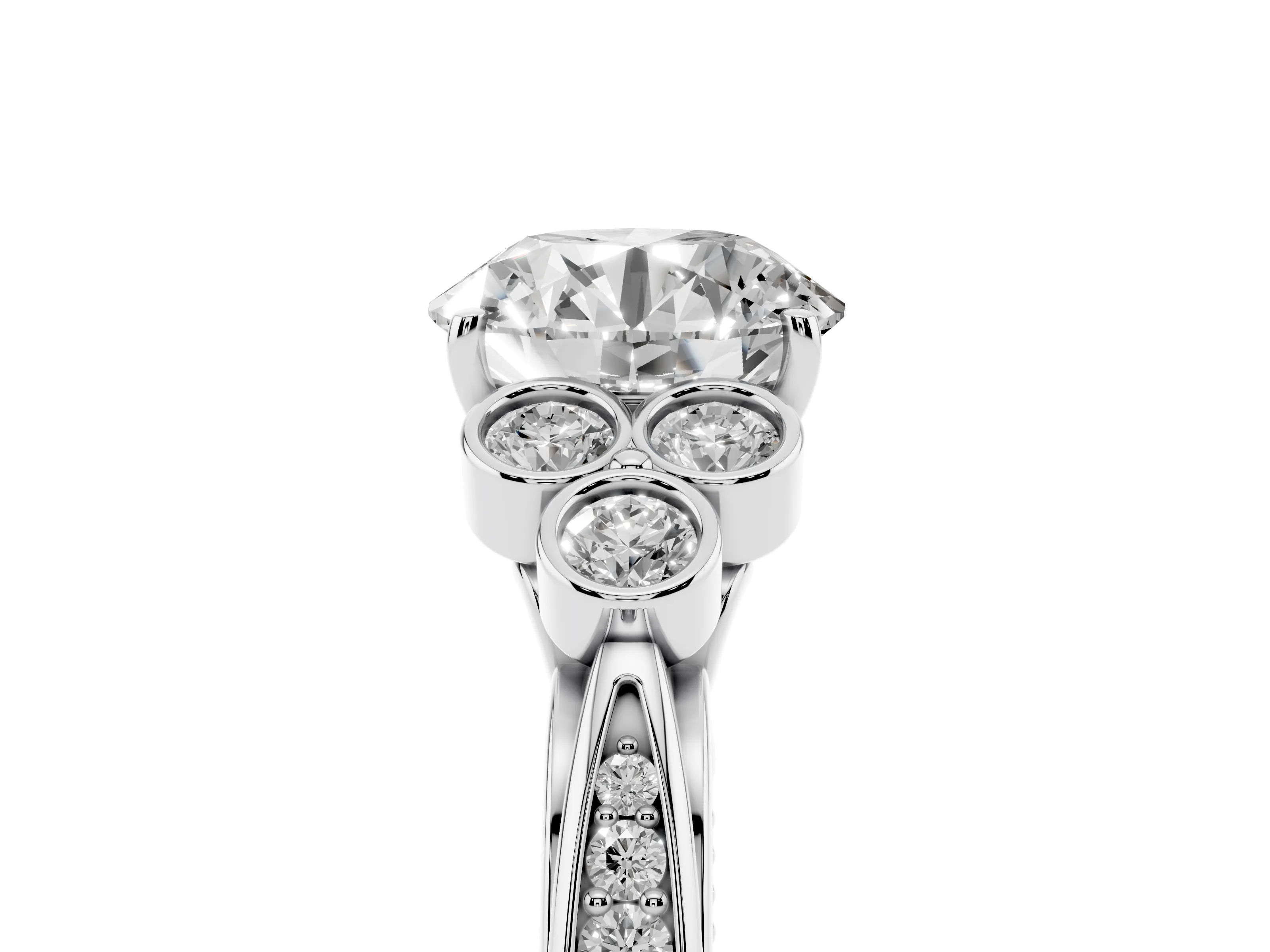 Round Cut Diamond Engagement Ring Set in Platinum with Bezel Set Round Side Stones and Prong Setting
