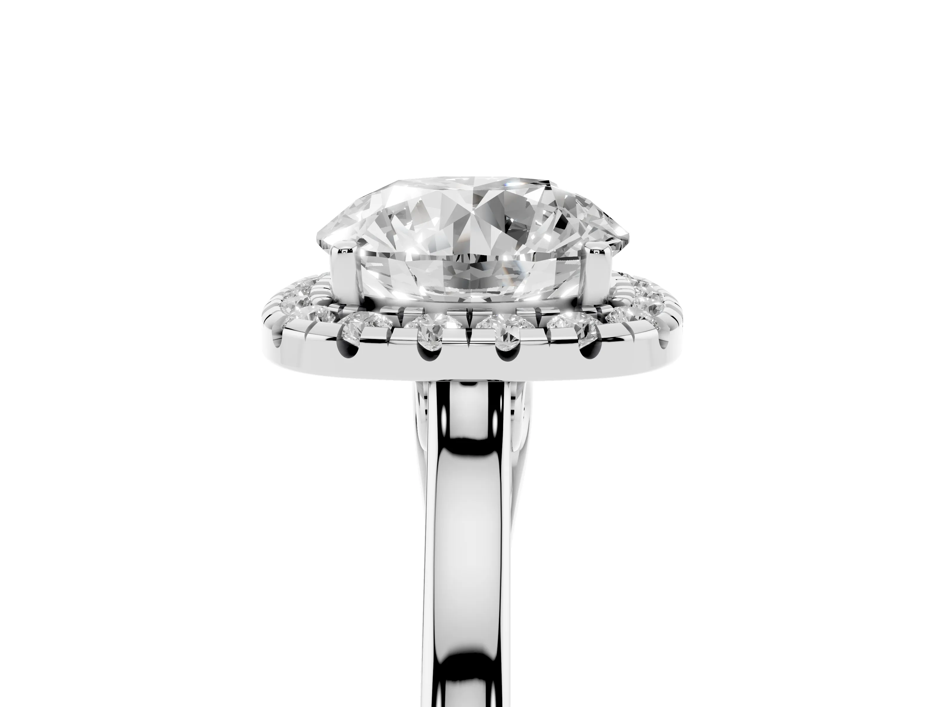 Round Cut Halo Round Diamond Solitaire Ring Set in White gold with Pavé Band and Prong Setting