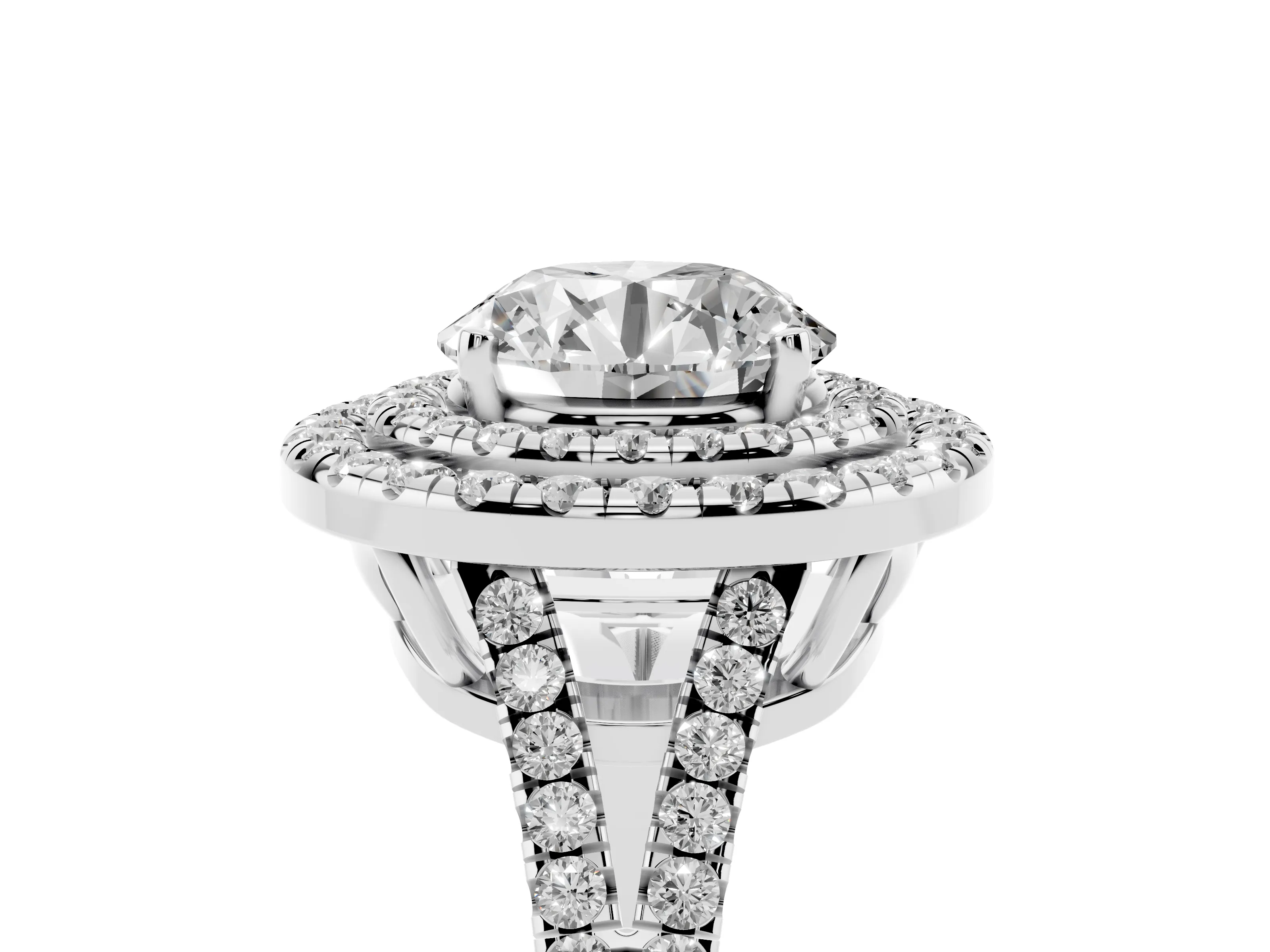 Round Cut Diamond Double Halo Ring Set in Silver with Pavé Band