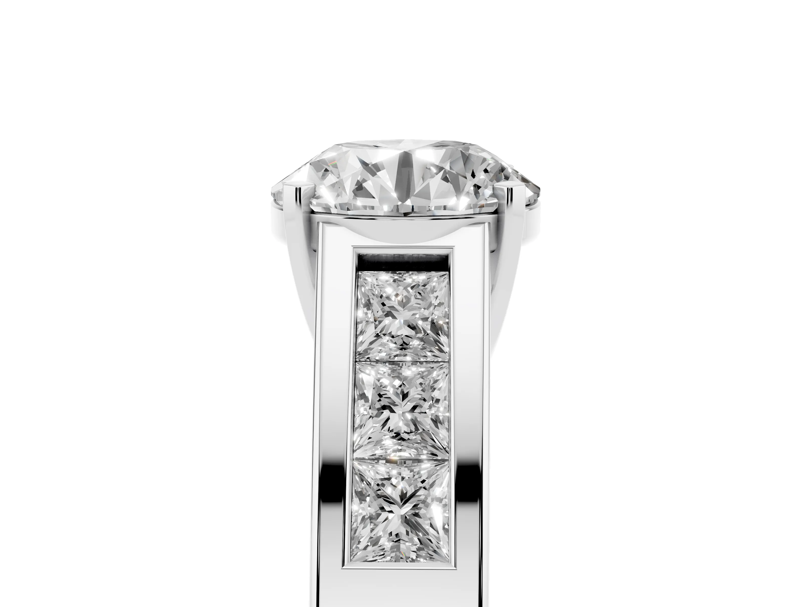 Round Cut Diamond Solitaire Ring Set in Silver with Channel-Set Accent Stones and Prong Setting