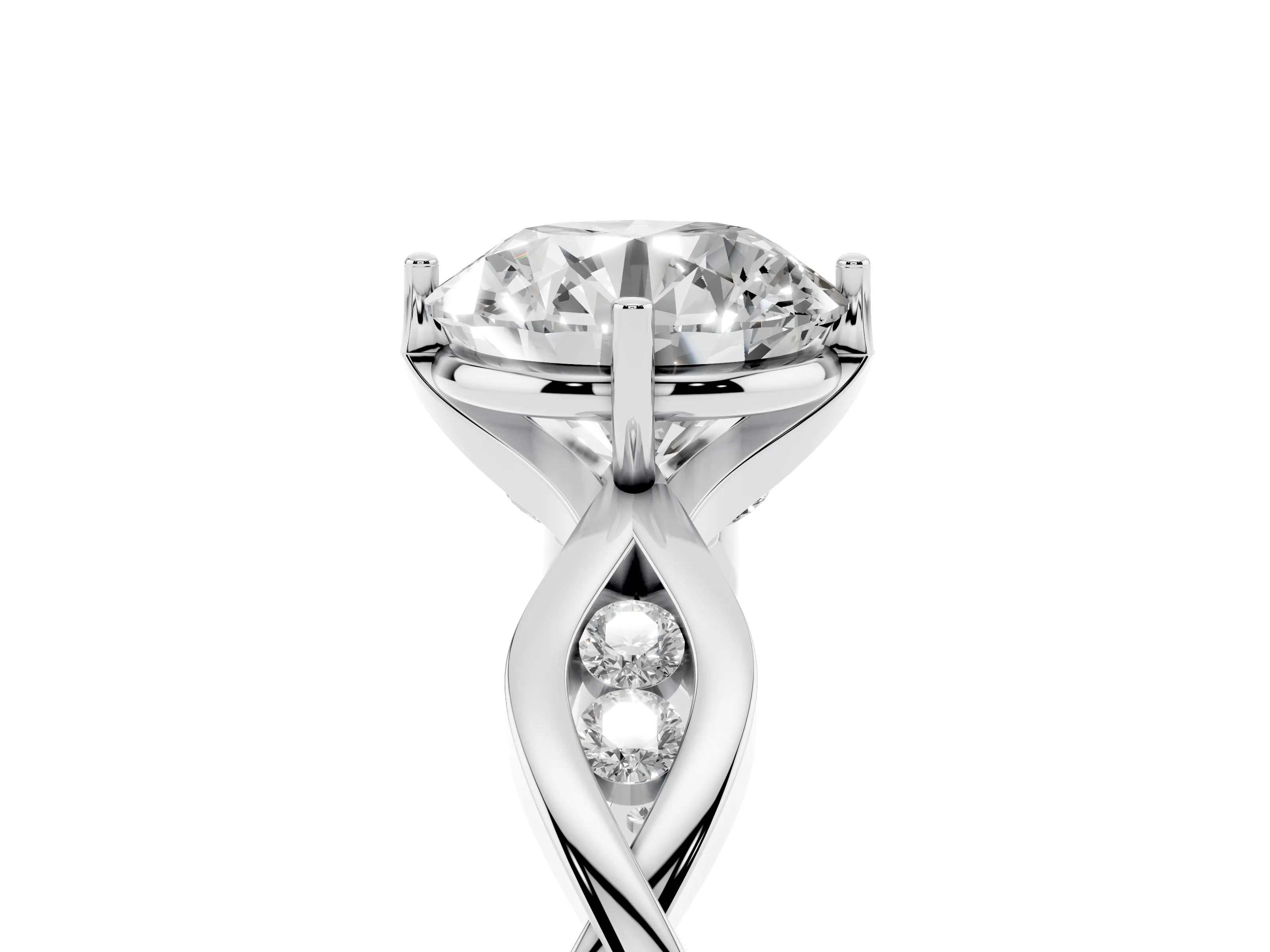 Round Cut Diamond Twist Band Solitaire Ring Set in Platinum with Leaf Prong Setting and Accent Stones