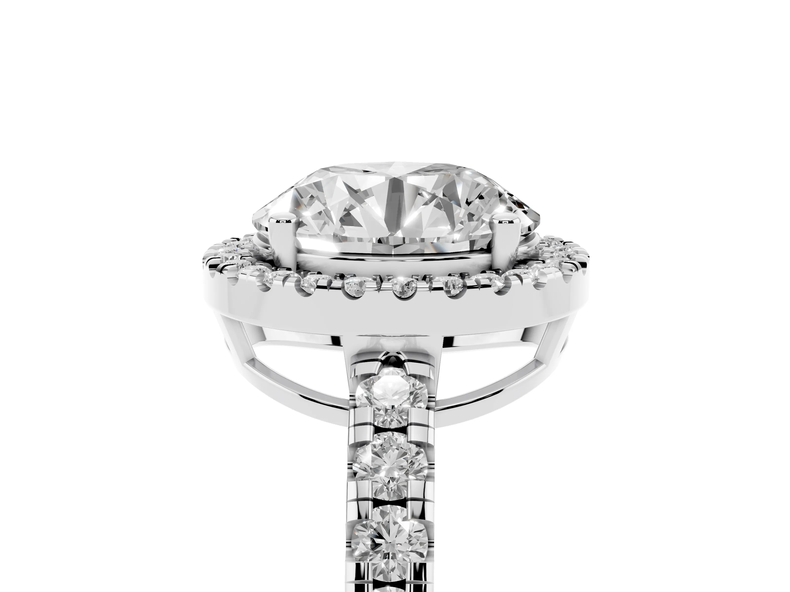 Round Cut Diamond Halo Ring Set in Silver with Delicate Pavé Band and Prong Setting