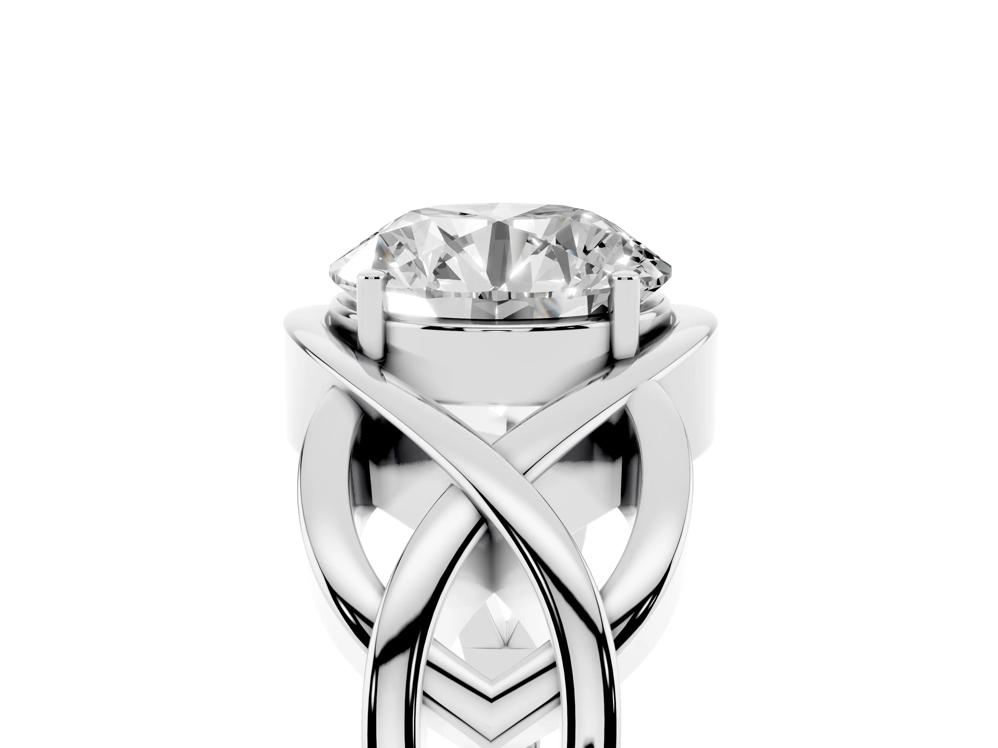 Round Cut Diamond Solitaire Ring Set in Silver with Intertwined Band