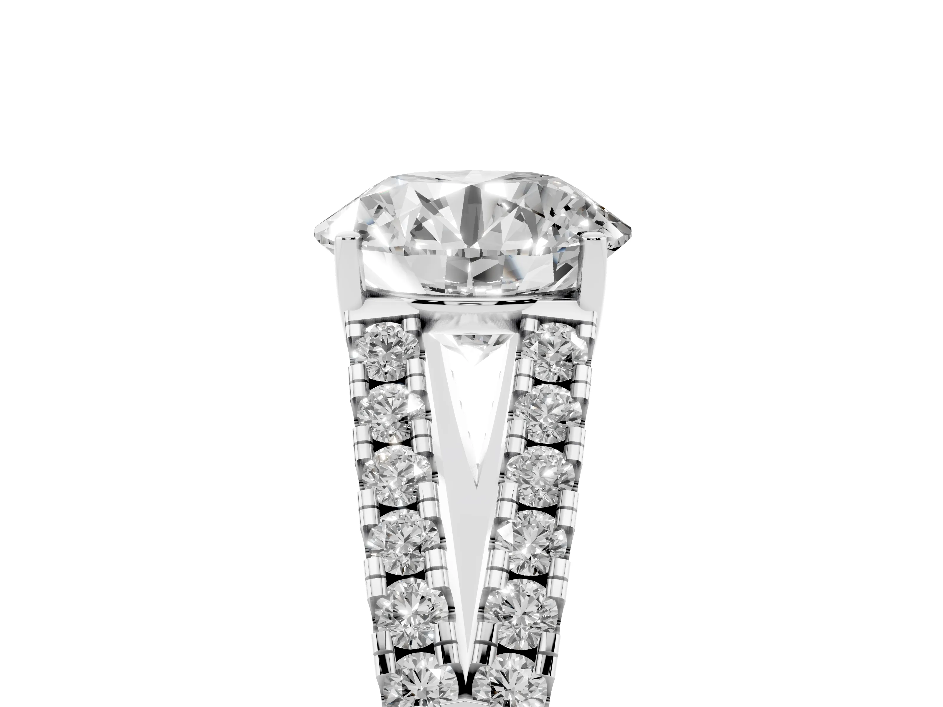 Round Cut Diamond Split Shank Pavé Engagement Ring Set in White gold with Prong-Held Center Stone