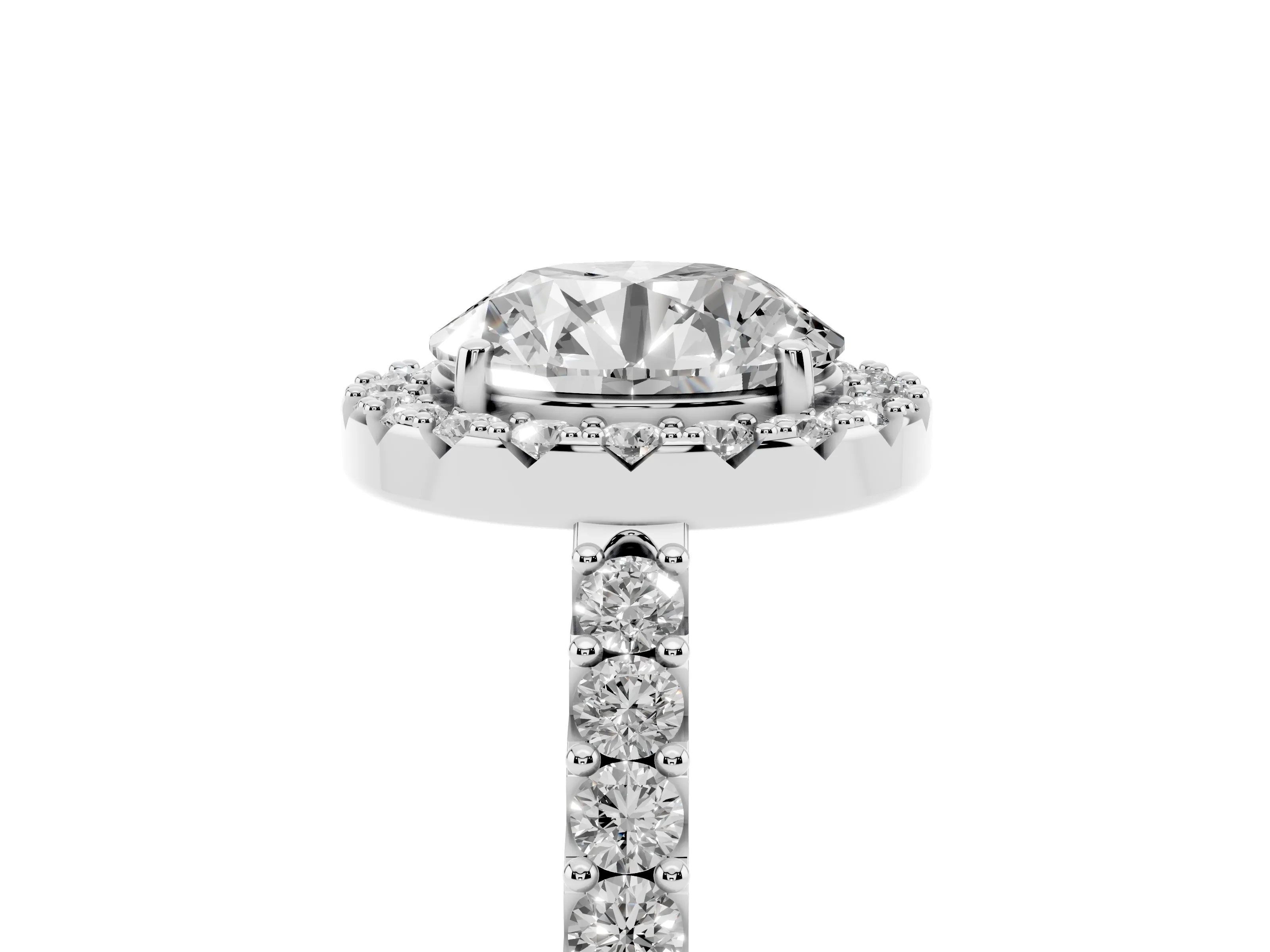 Round Cut Diamond Halo Pavé Solitaire Ring Set in White gold with Prong-Set Center Stone