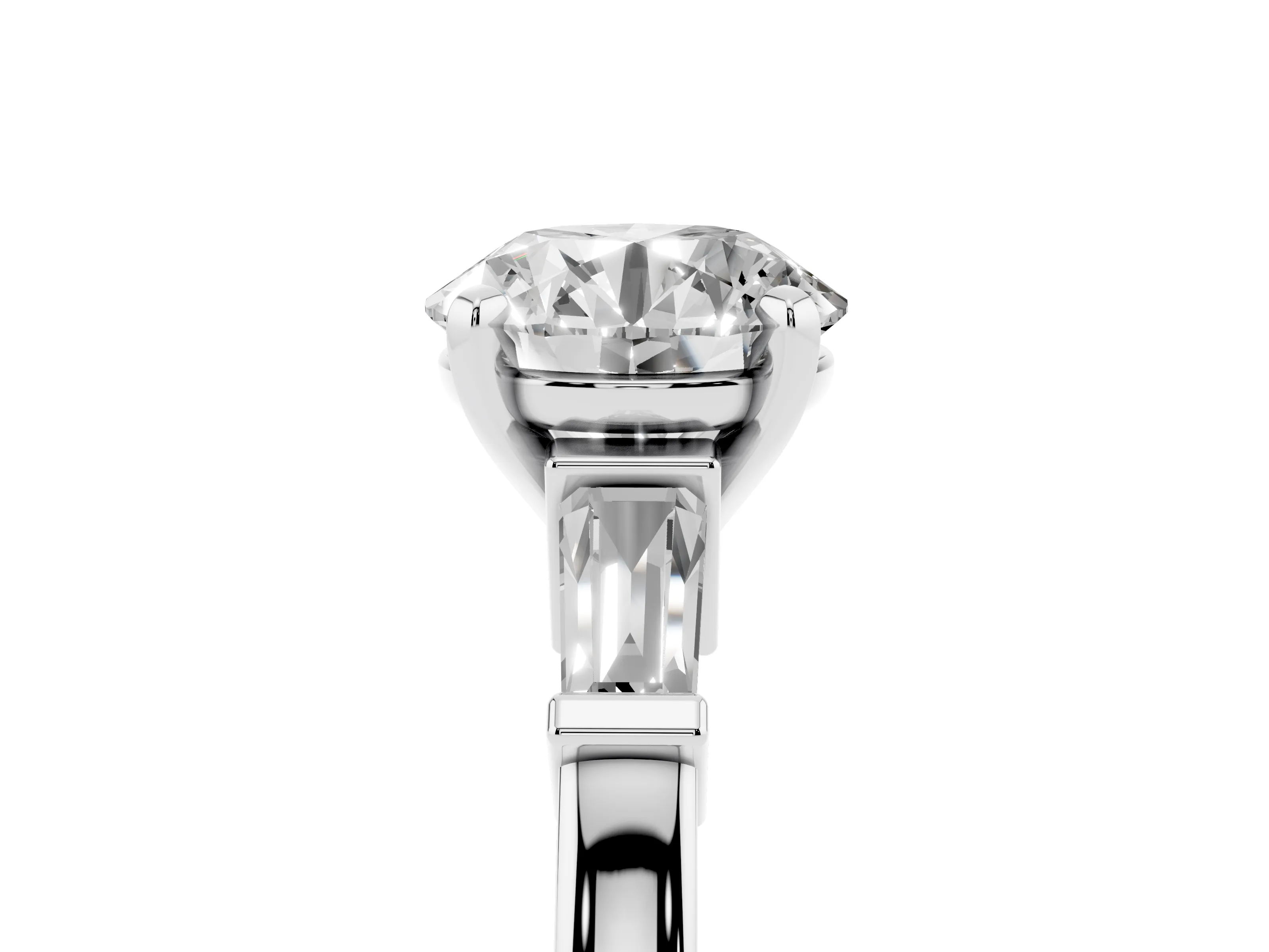 Round Cut Diamond Solitaire Ring Set in White gold with Tapered Baguette Accents and Prong Setting
