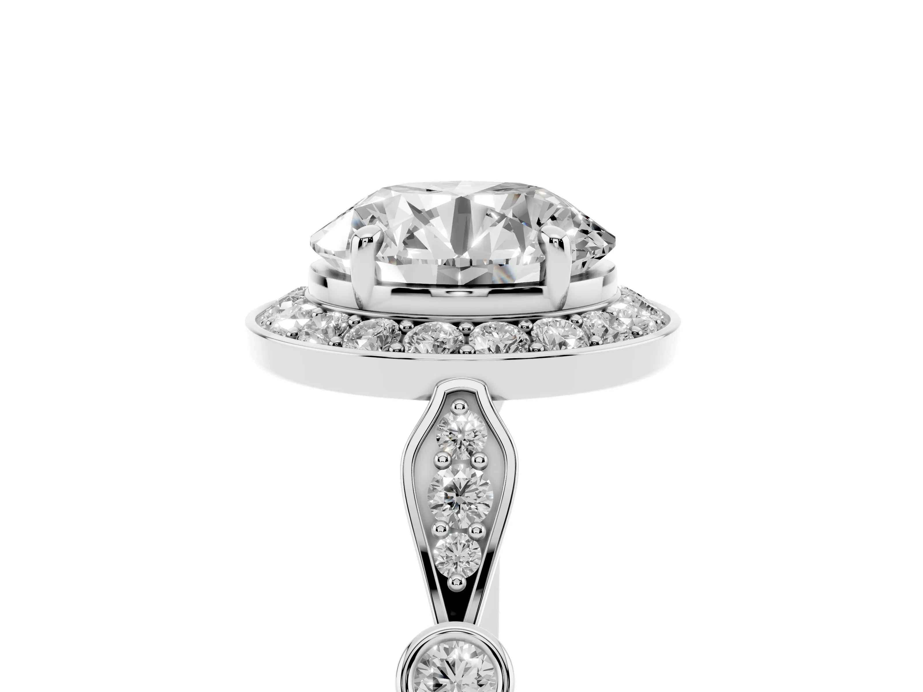 Round Cut Diamond Halo Engagement Ring Set in Platinum with Twisted Band and Prong Setting