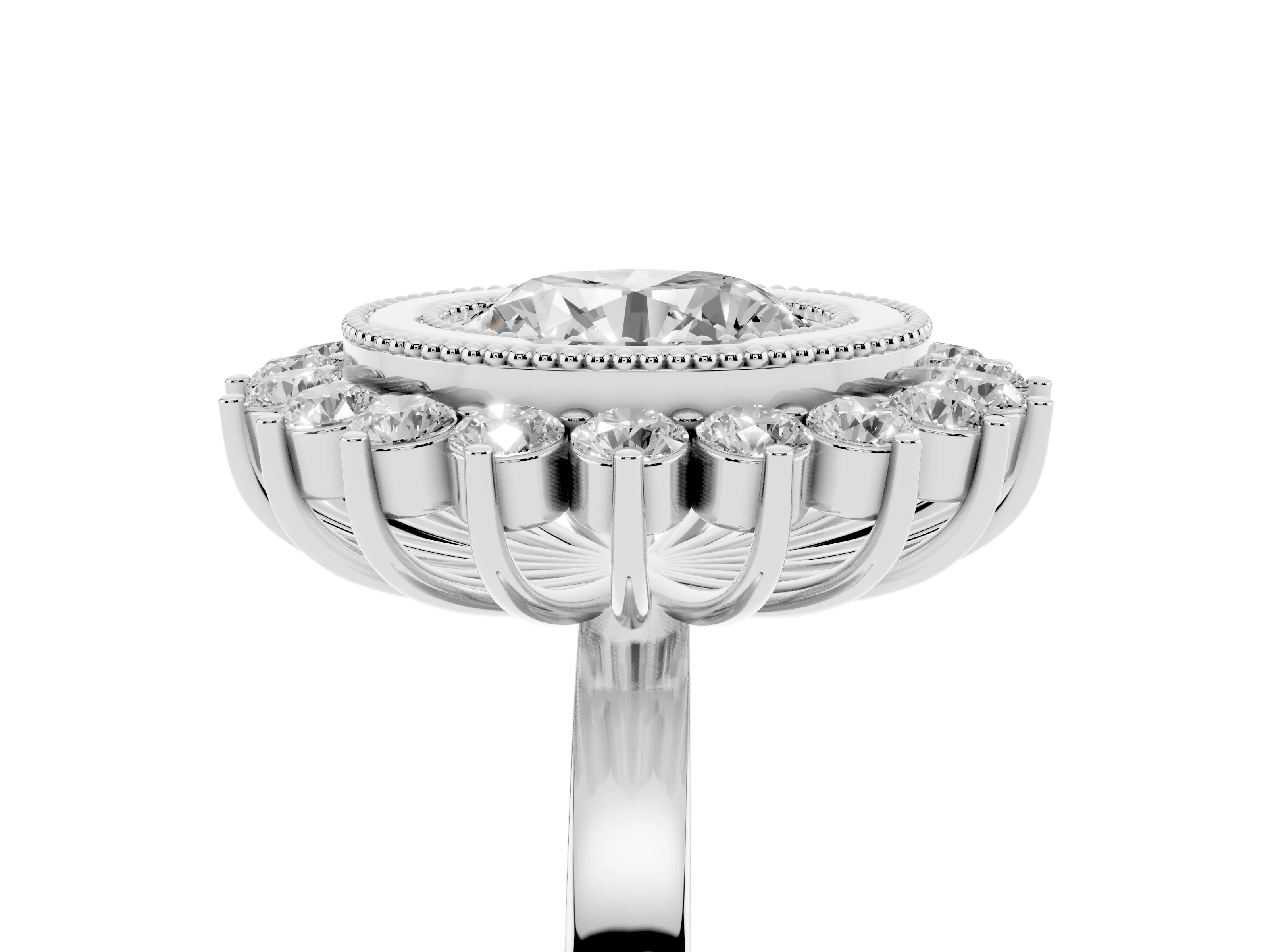Round Cut Diamond Halo Ring Set in Silver with Milgrain Edge and Round Prong Setting