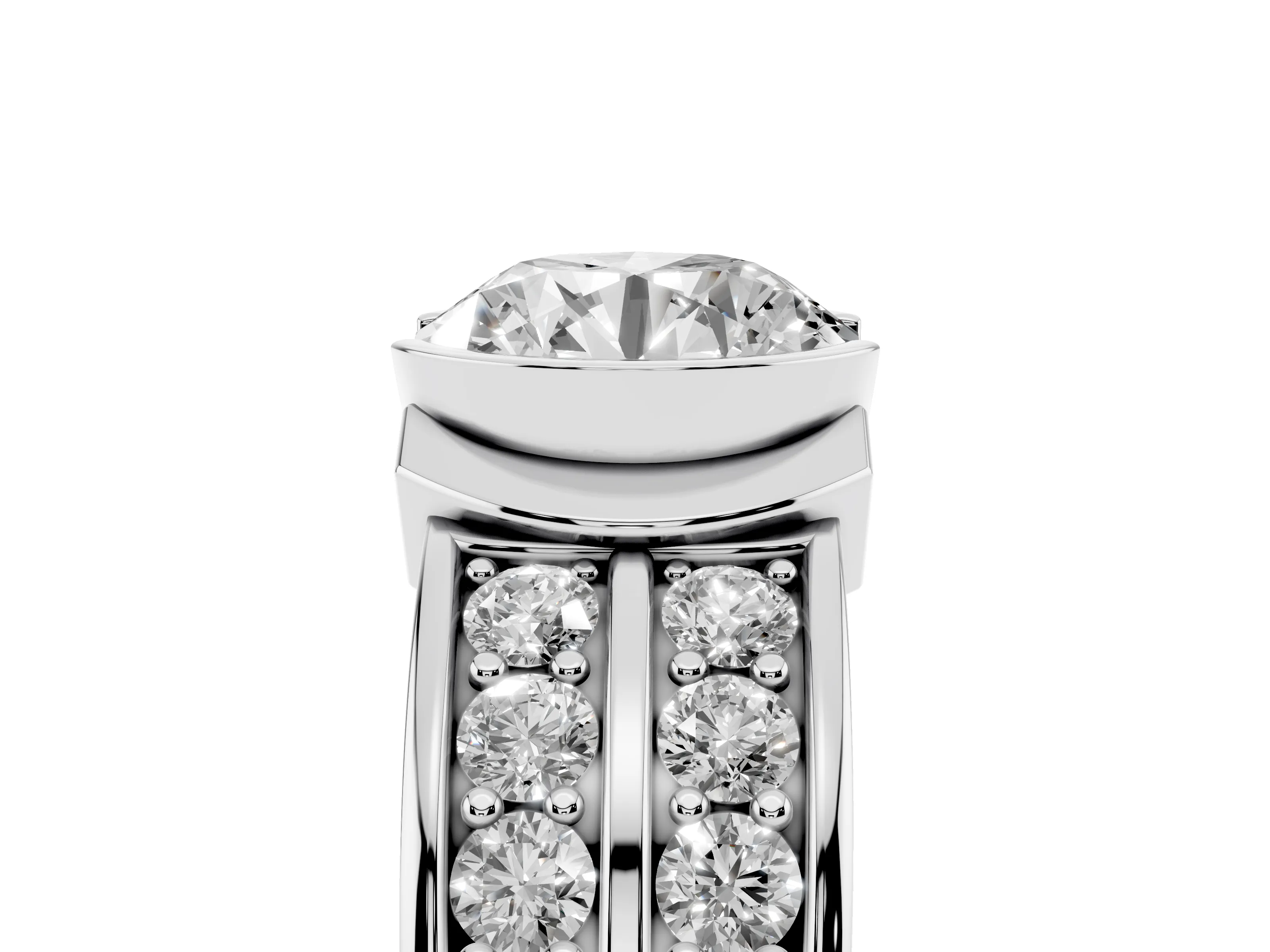Round Cut Diamond Wide Channel Set Band Ring Set in White gold with Bezel Setting