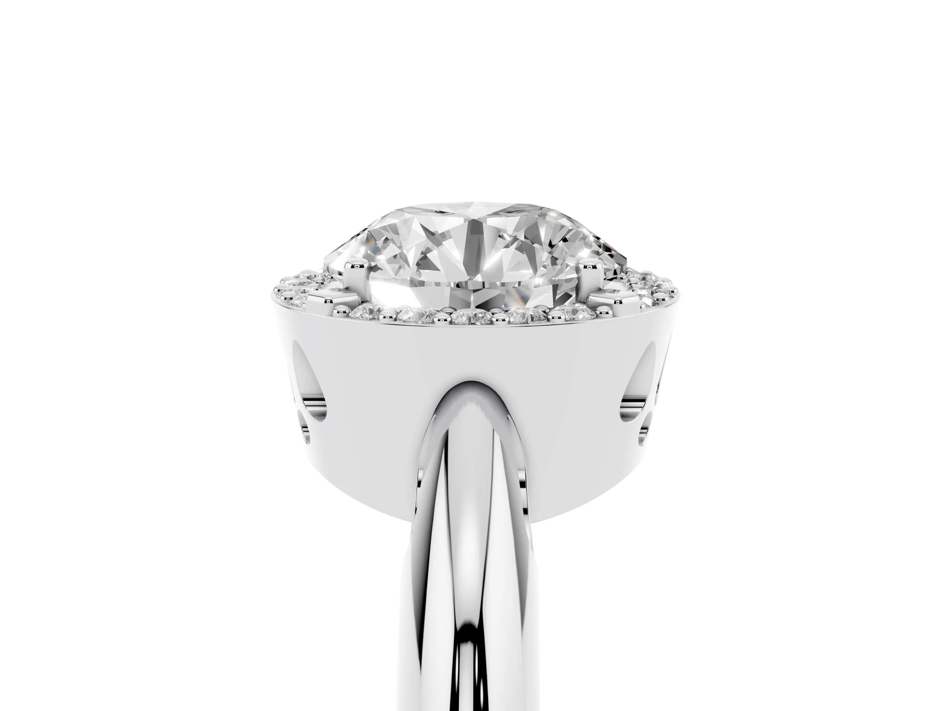 Round Cut Diamond Halo Engagement Ring Set in Silver with Plain Split Shank and Prong Setting