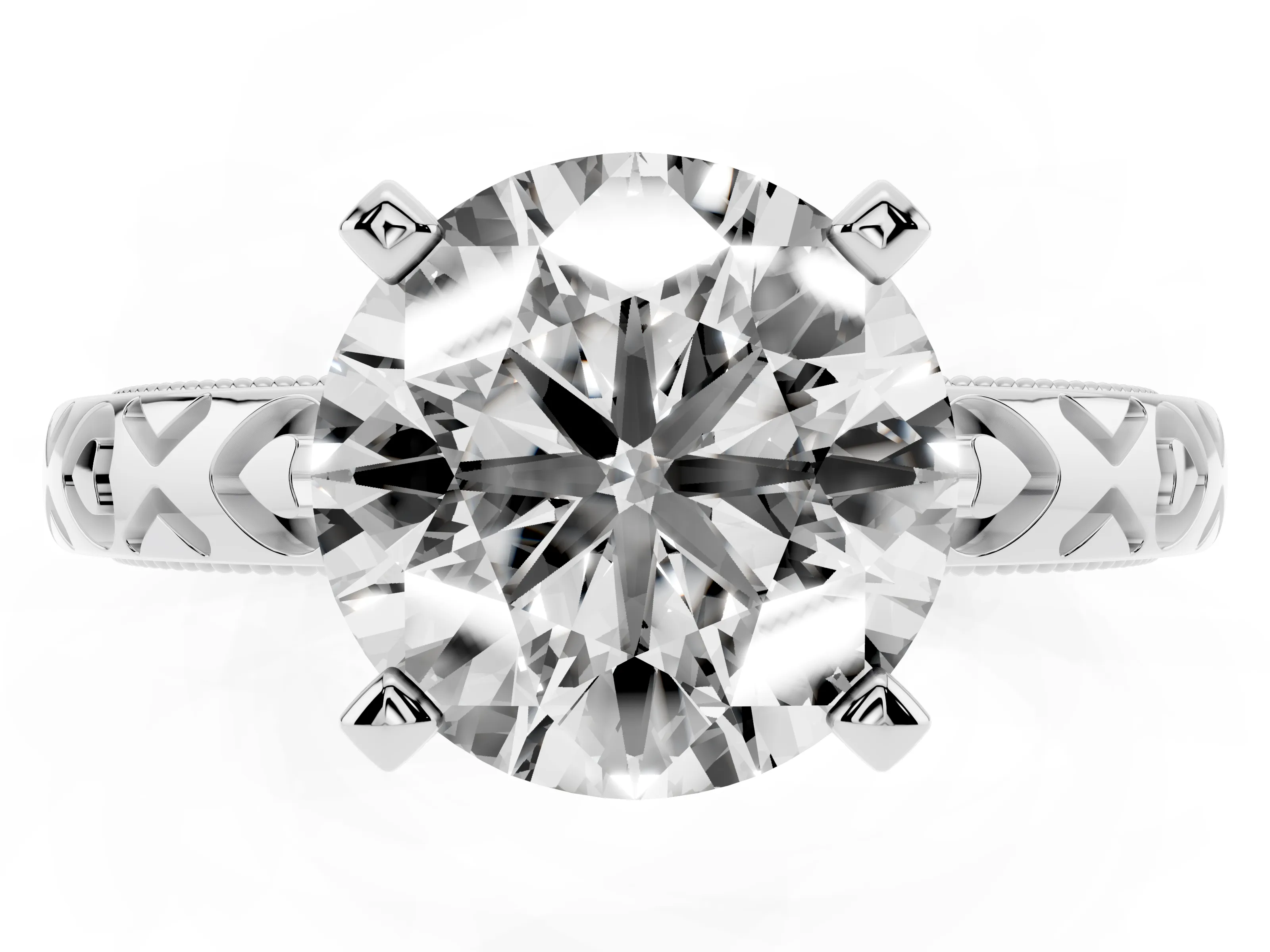 Round Cut Diamond Solitaire Engagement Ring Set in Platinum with XO Engraved Band and Prong Setting