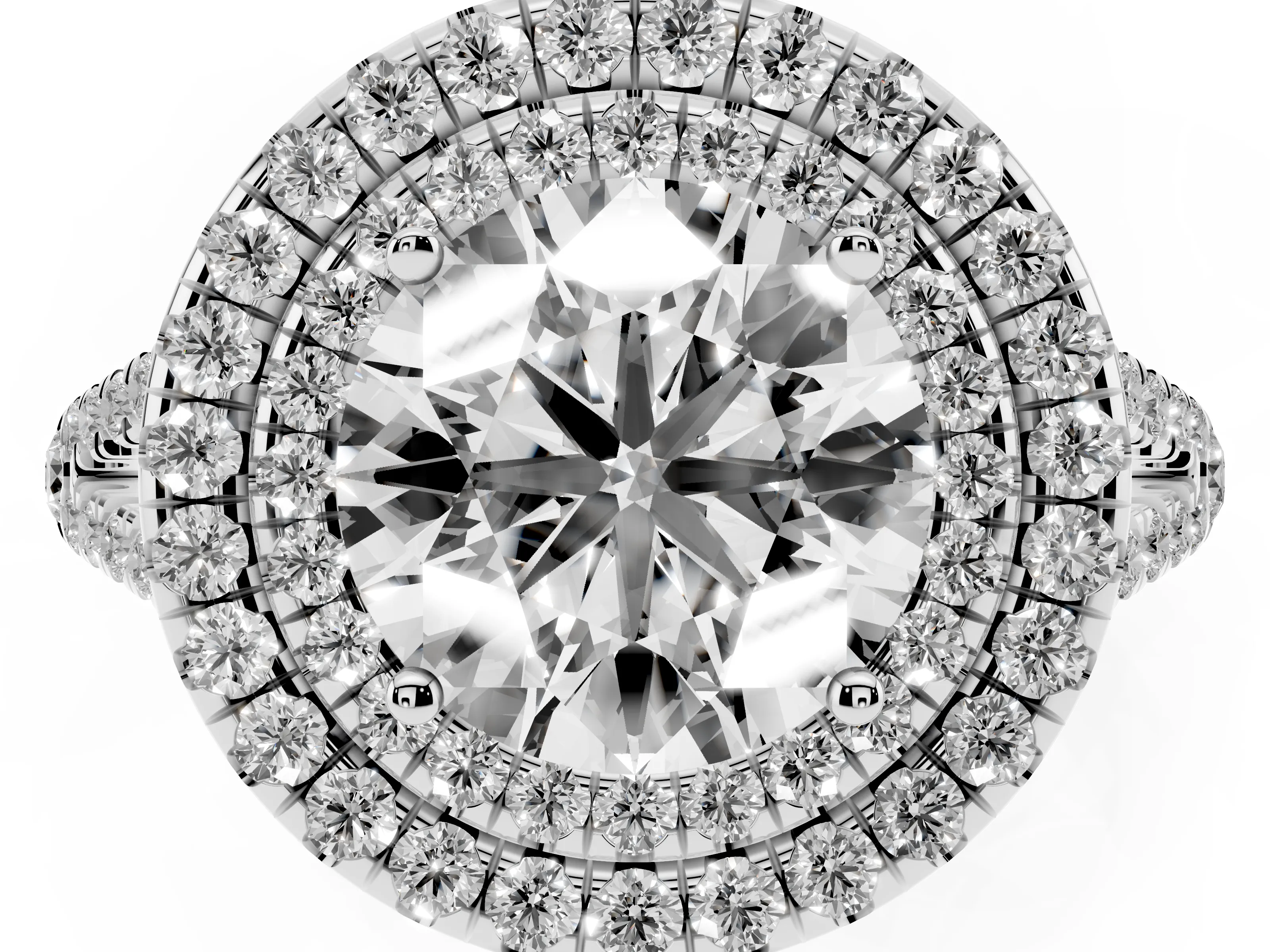 Round Cut Diamond Double Halo Ring Set in Silver with Pavé Band