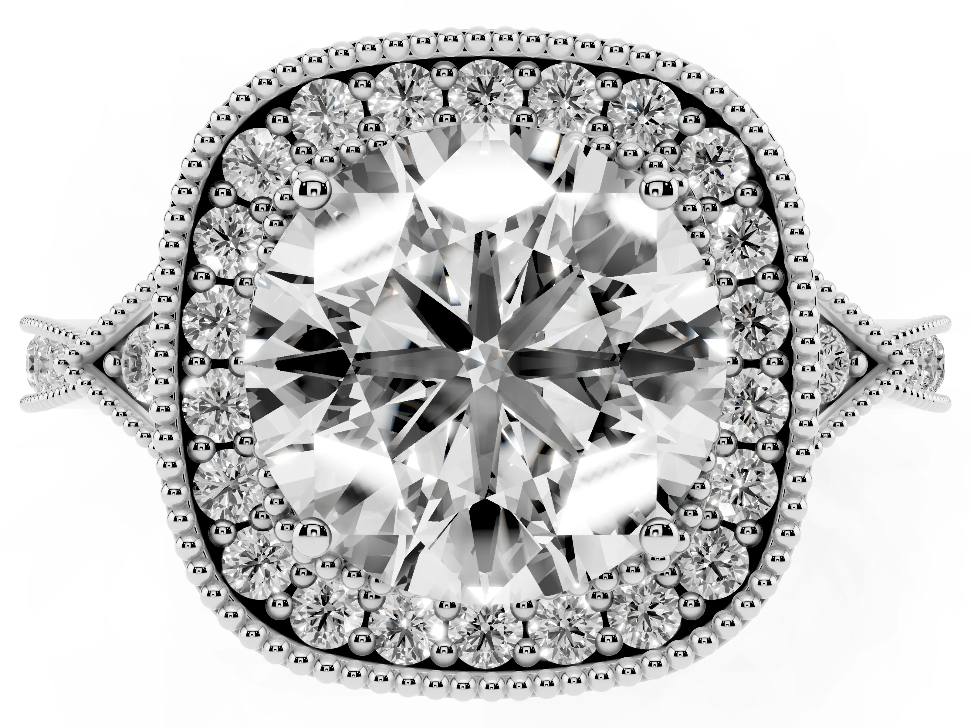 Round Cut Diamond Halo Engagement Ring Set in White gold with Milgrain Pavé Band