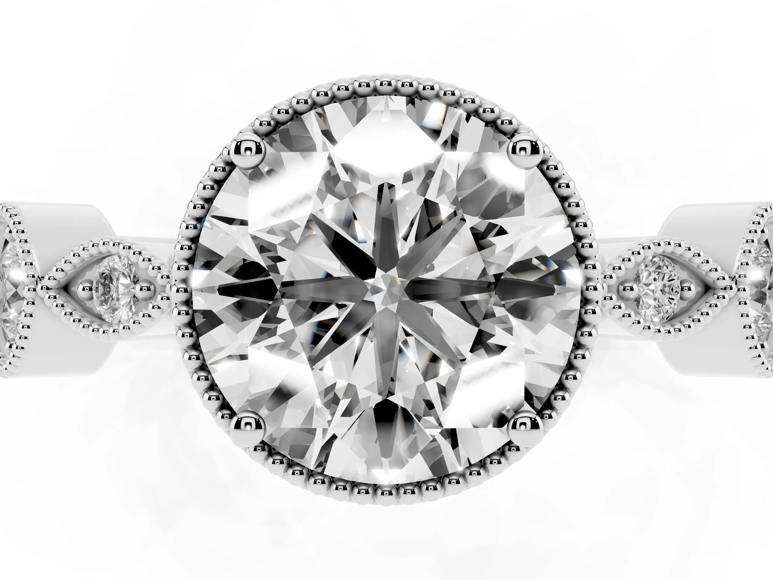 Round Cut Diamond Vintage-Inspired Milgrain Ring Set in Platinum with Marquise Stations of Round Accents