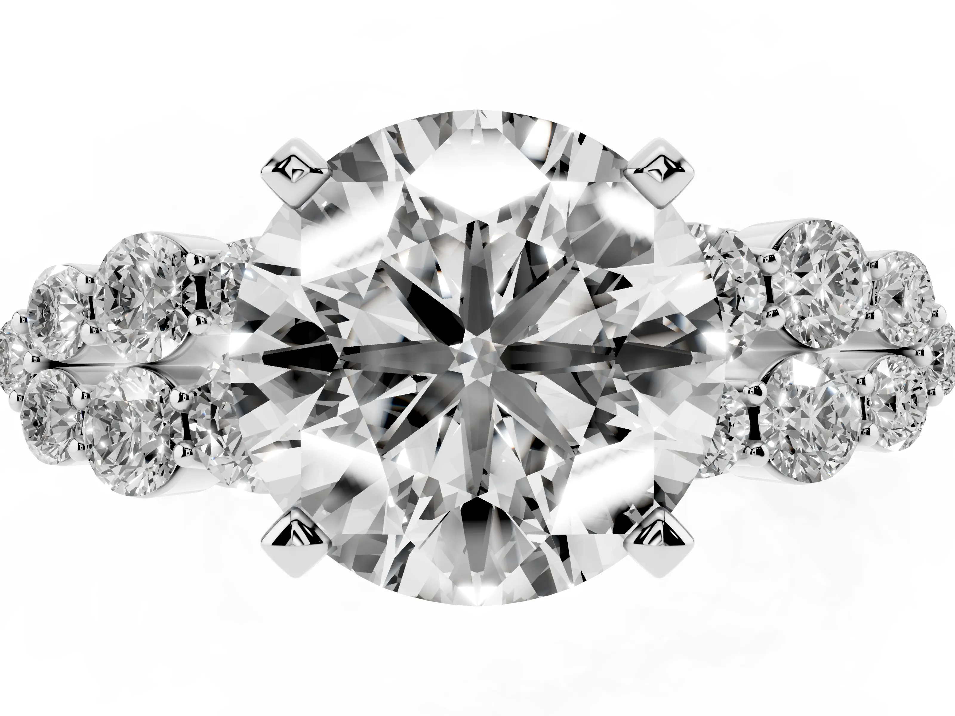 Round Cut Diamond Cluster Engagement Ring Set in White gold with Pavé Band and Prong Setting