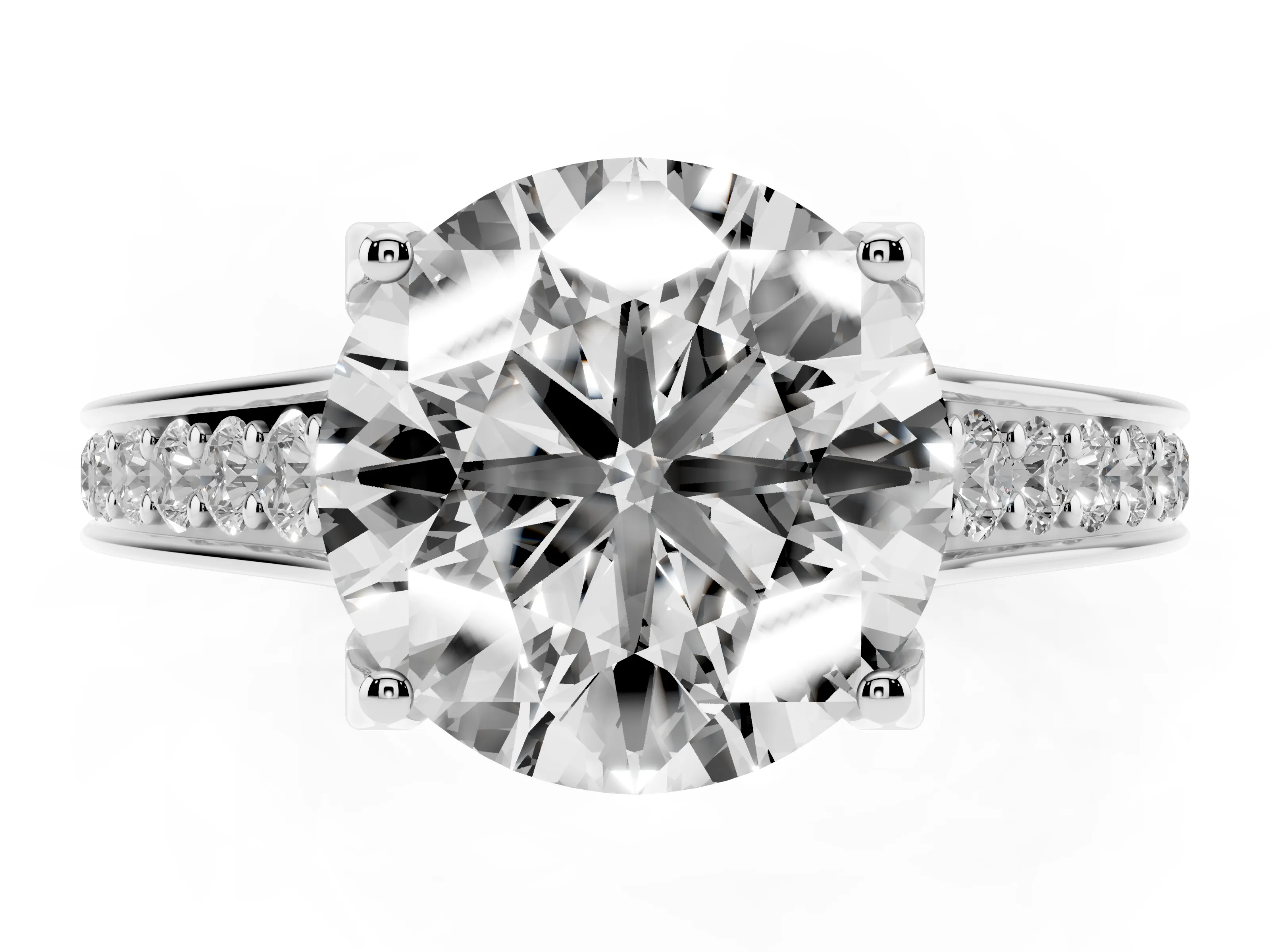 Round Cut Diamond Solitaire Pavé Engagement Ring Set in Silver with Prong Setting