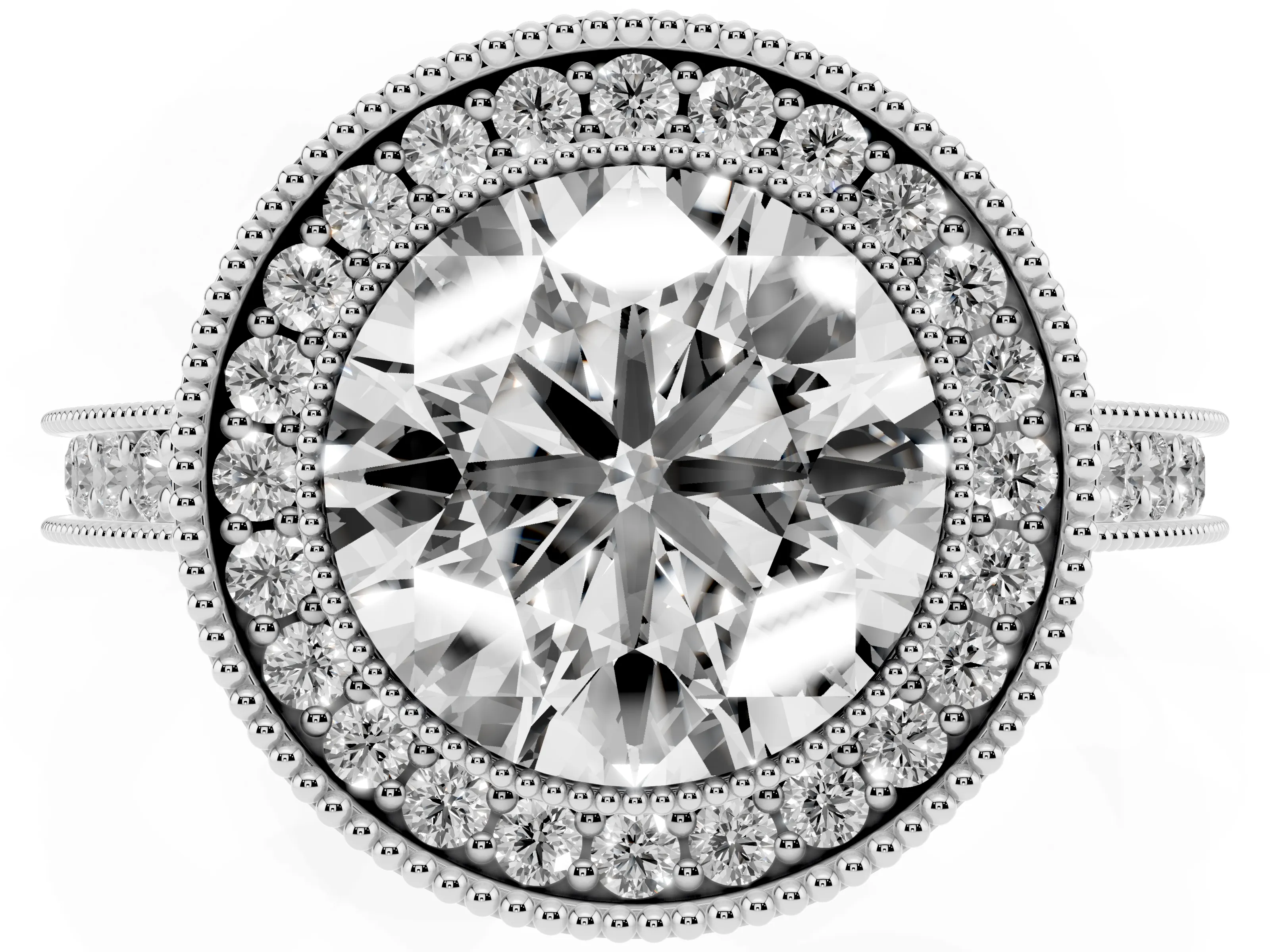 Round Cut Diamond Halo Milgrain Pavé Band Ring Set in Platinum with Prong Setting