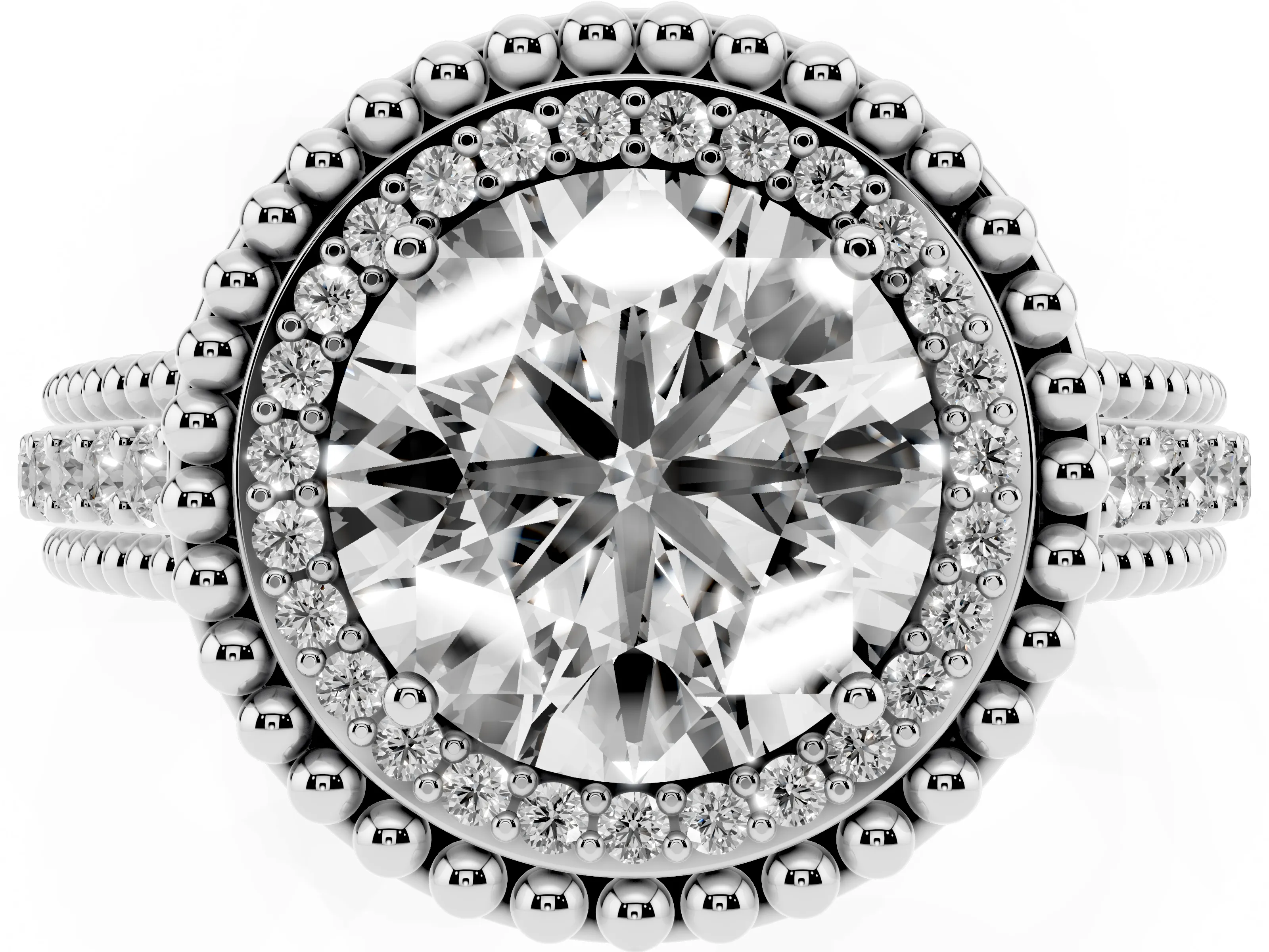 Round Cut Diamond Halo Ring Set in Platinum with Beaded Split Shank and Prong Setting