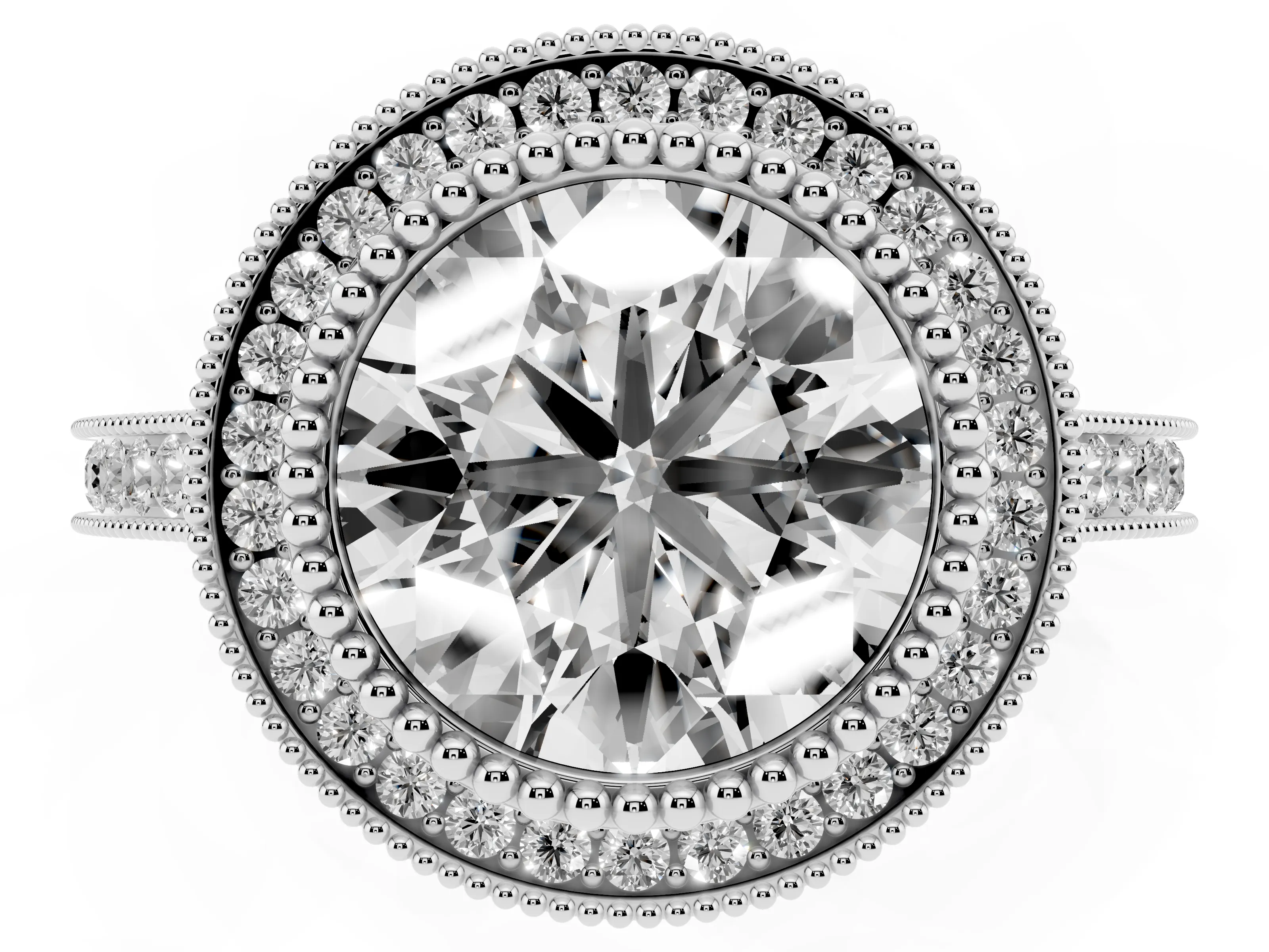 Round Cut Diamond Halo Ring Set in Platinum with Milgrain Frame and Pavé Band