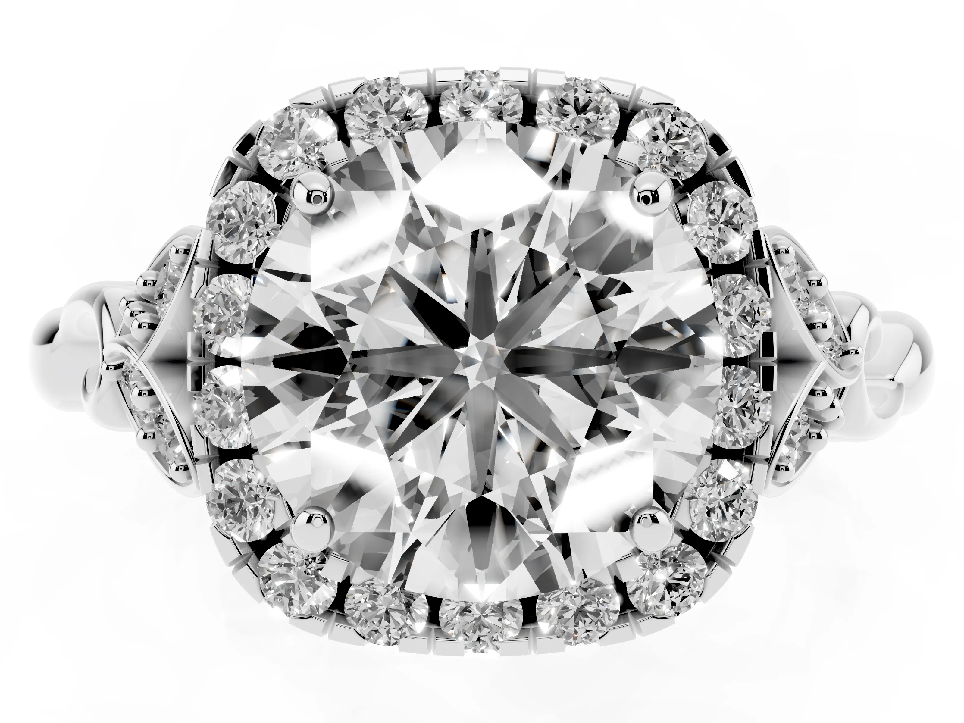 Round Cut Diamond Halo Engagement Ring Set in White gold with Vintage-Inspired Band and Prong Setting