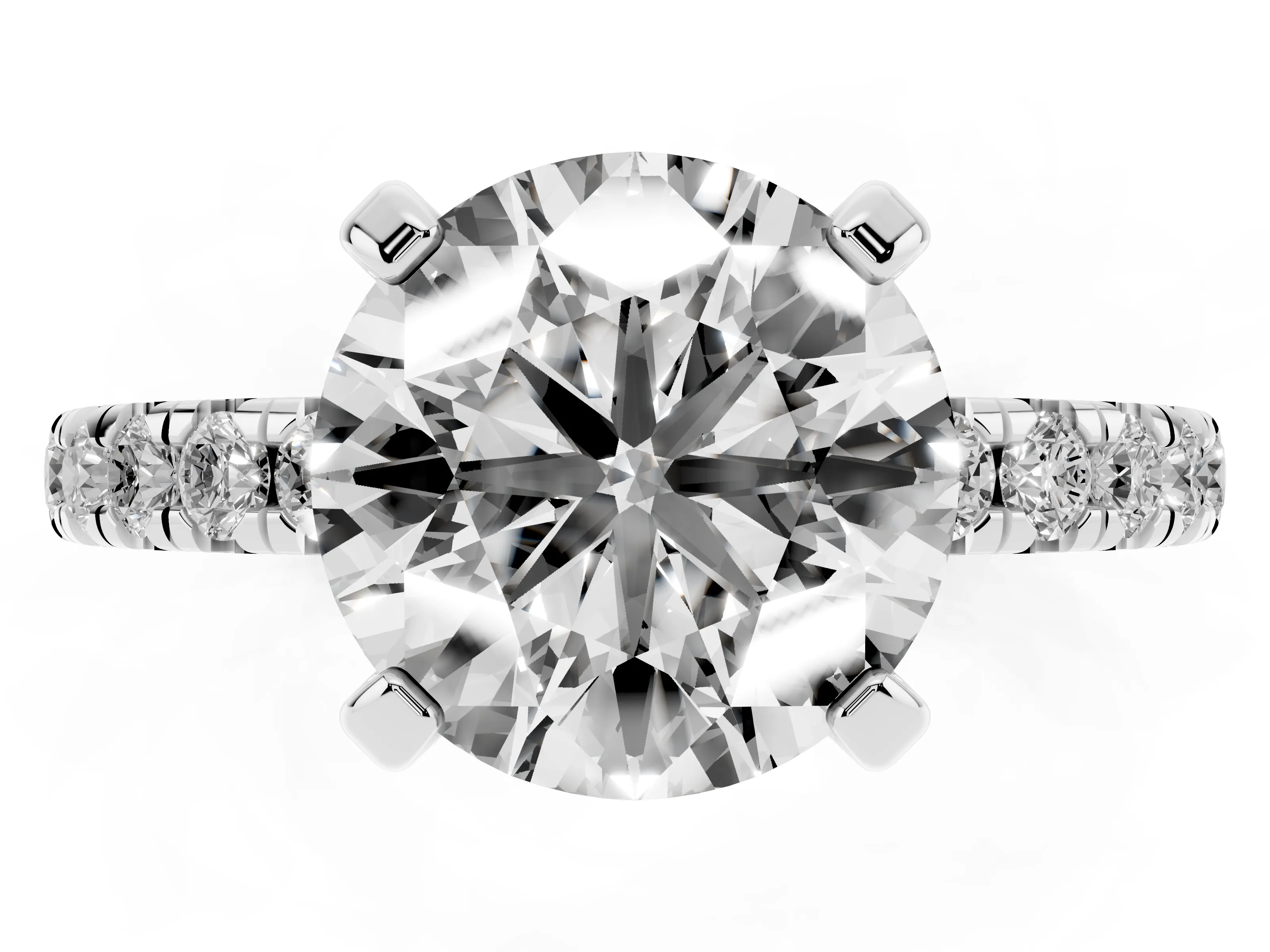 Round Cut Diamond Pavé Solitaire Ring Set in White gold with Round Band and Prong Setting