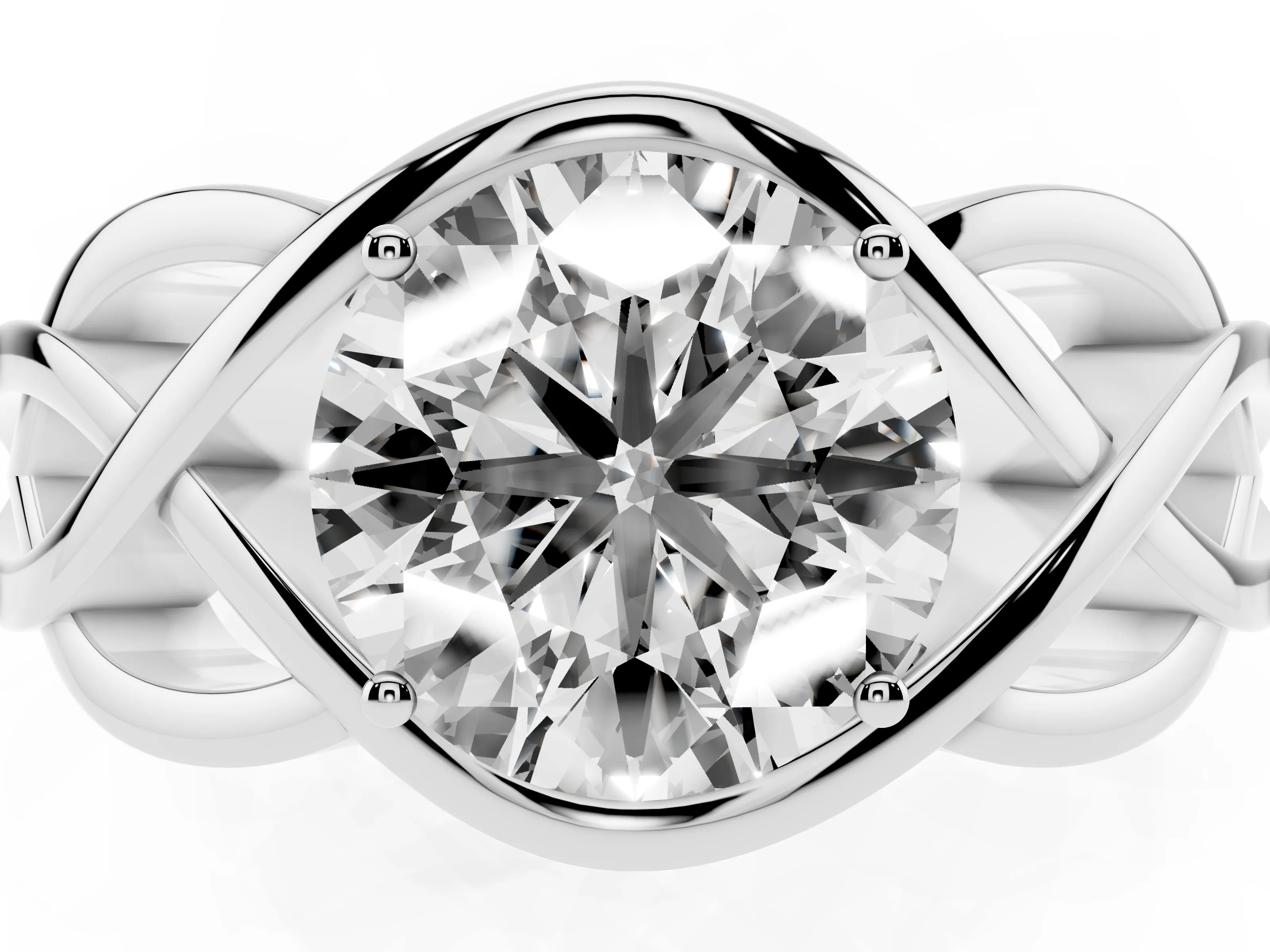 Round Cut Diamond Solitaire Ring Set in Silver with Intertwined Band