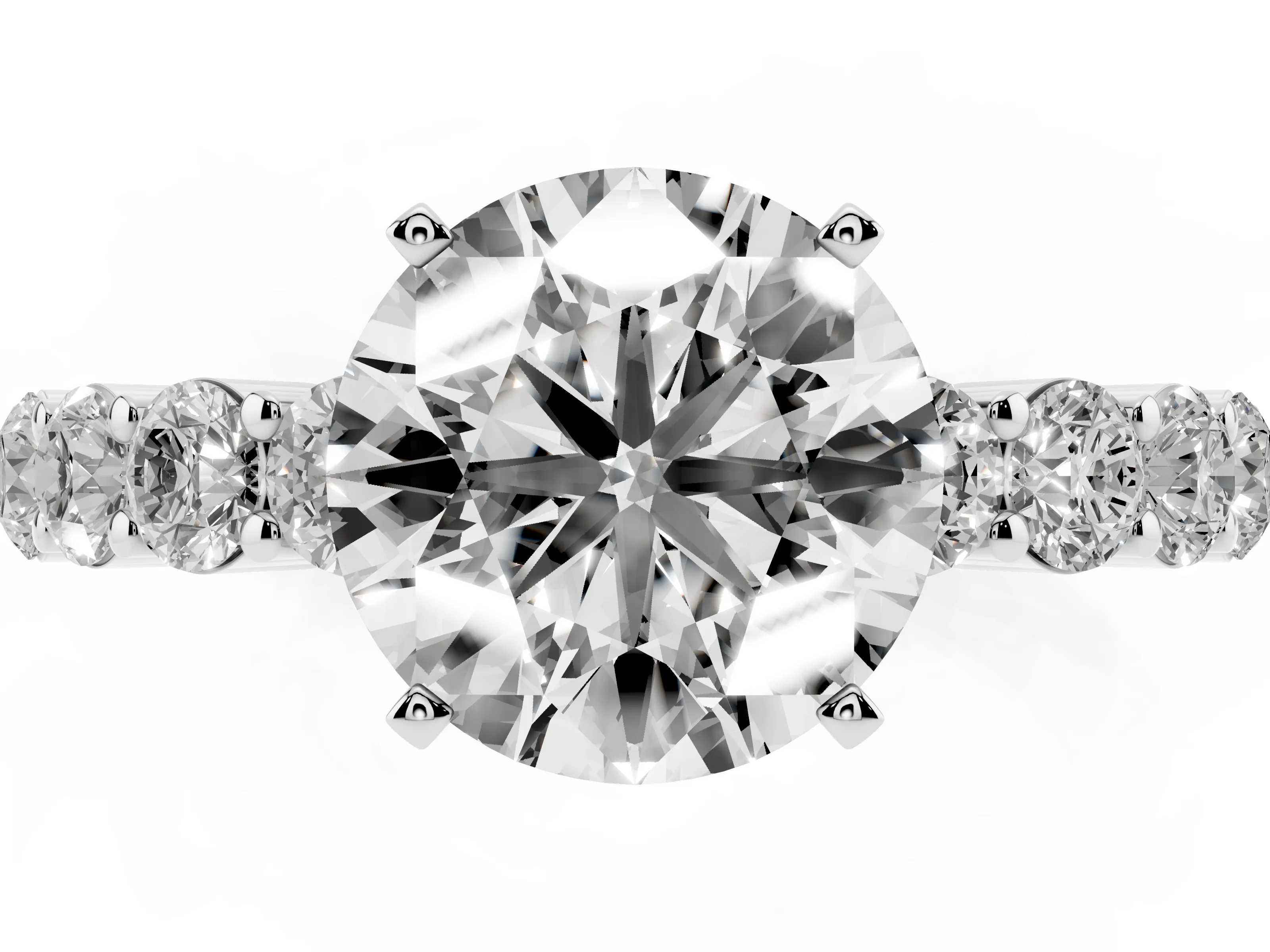 Round Cut Diamond Solitaire Ring Set in Silver with Shared Prong Round Side Stones