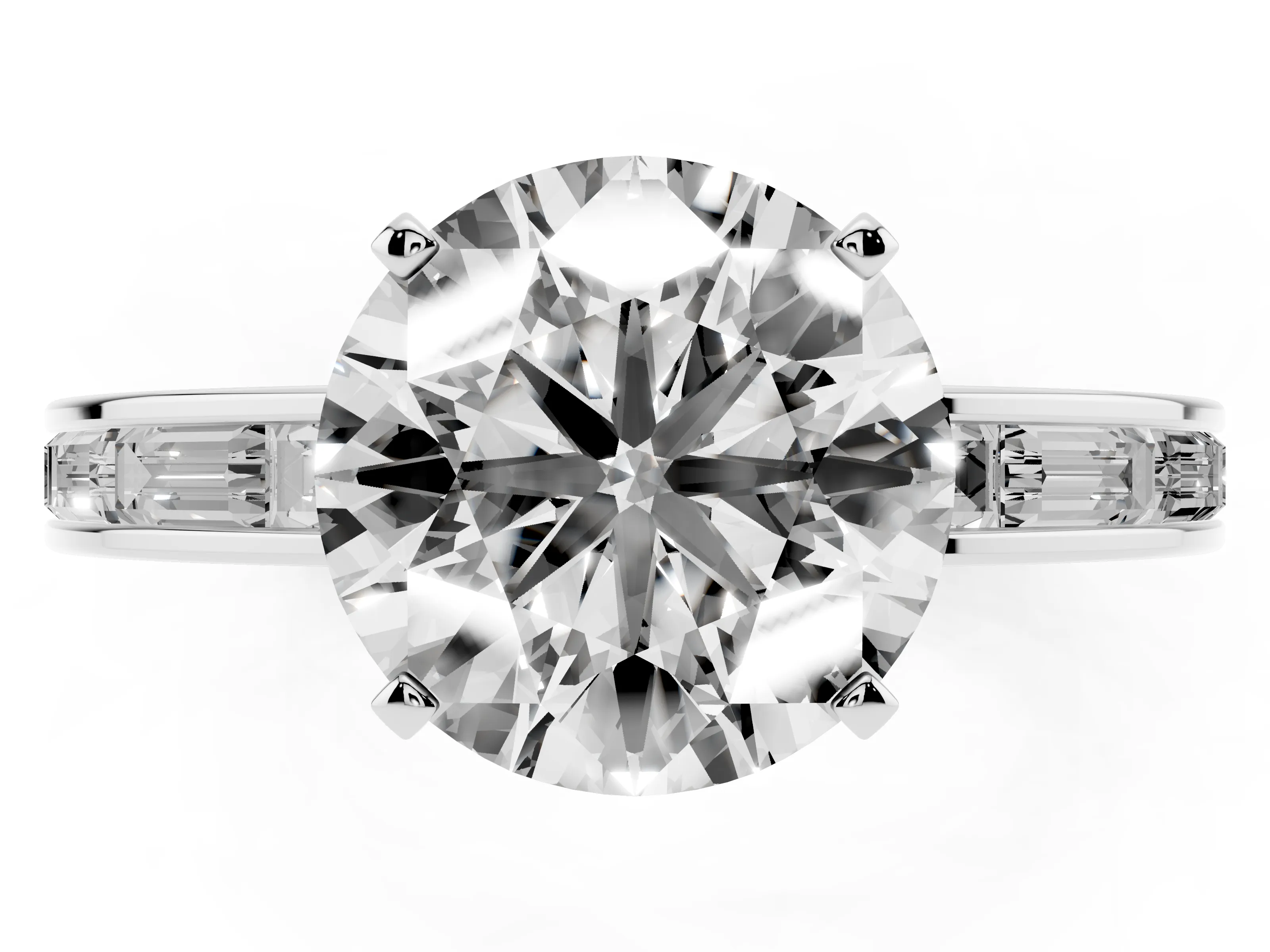 Round Cut Diamond Solitaire Ring Set in White gold with Channel-Set Baguette Band and Prong Setting