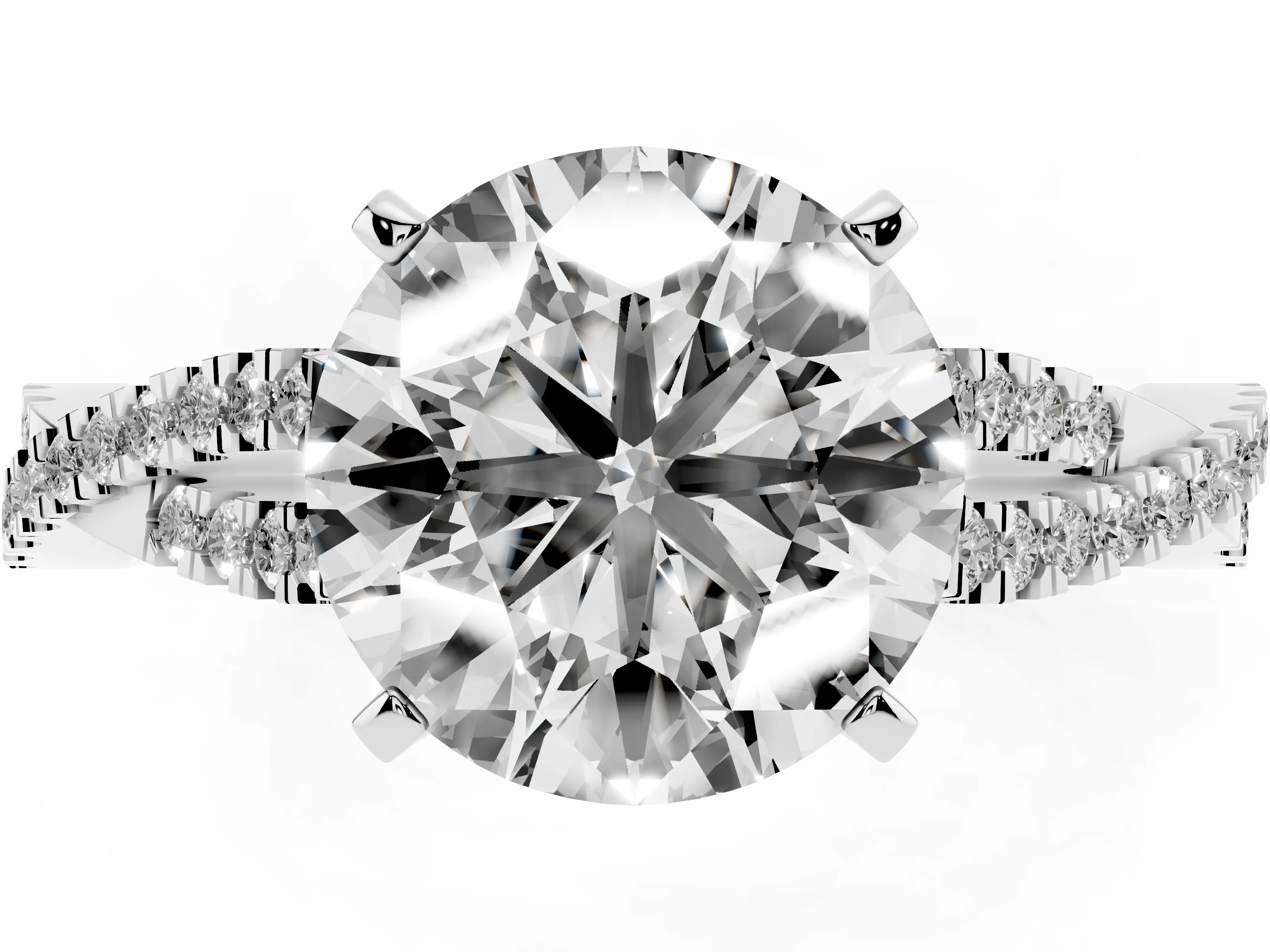 Round Cut Diamond Solitaire Engagement Ring Set in Platinum with Twisted Pavé Band and Prong Setting