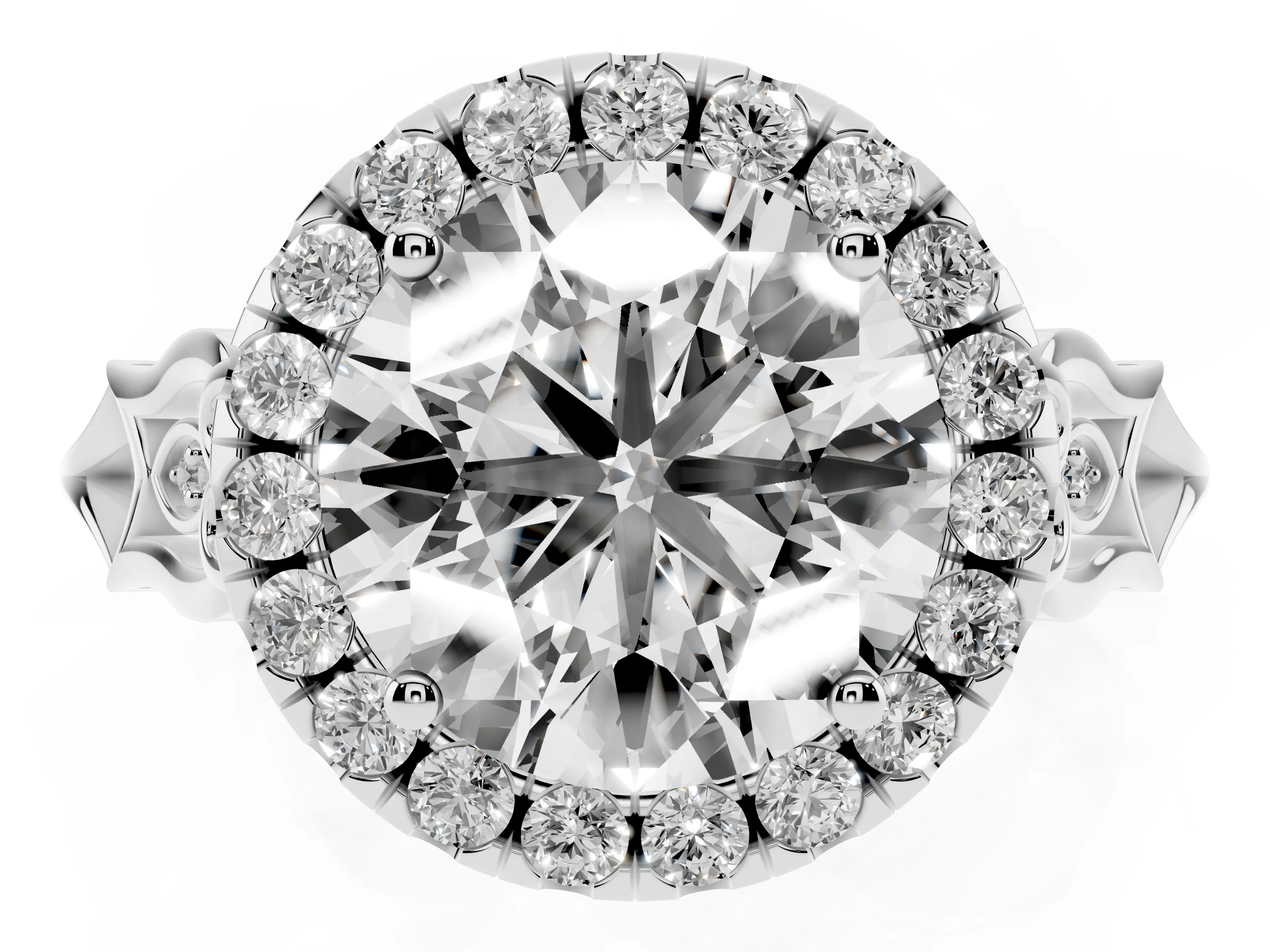 Round Cut Diamond Halo Engagement Ring Set in White gold with Filigree Band and Prong-Set Center