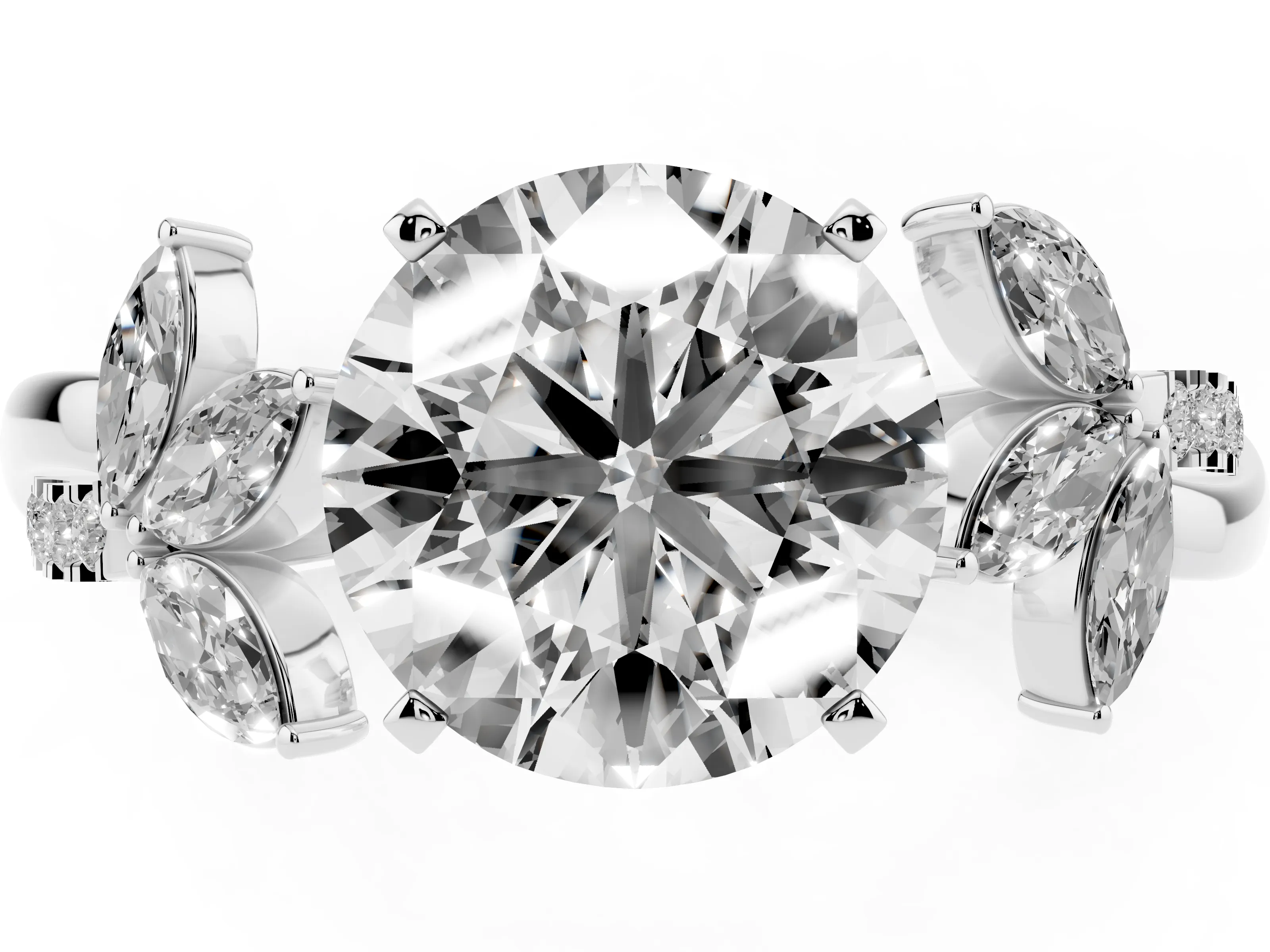 Round Cut Diamond Floral Vine Solitaire Engagement Ring Set in White gold with Marquise Leaves