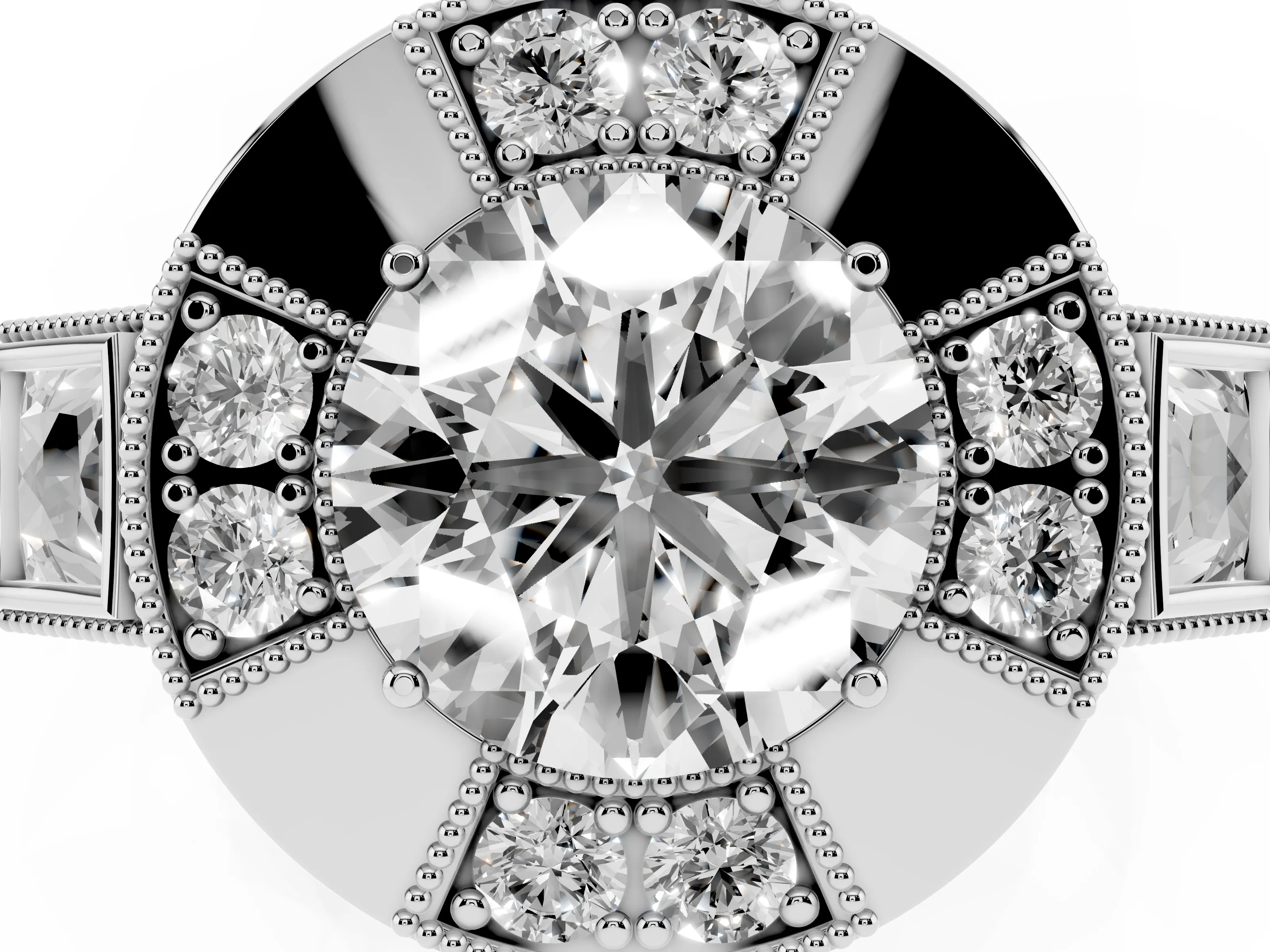 Round Cut Diamond Milgrain Halo Ring Set in Silver with Split Shank