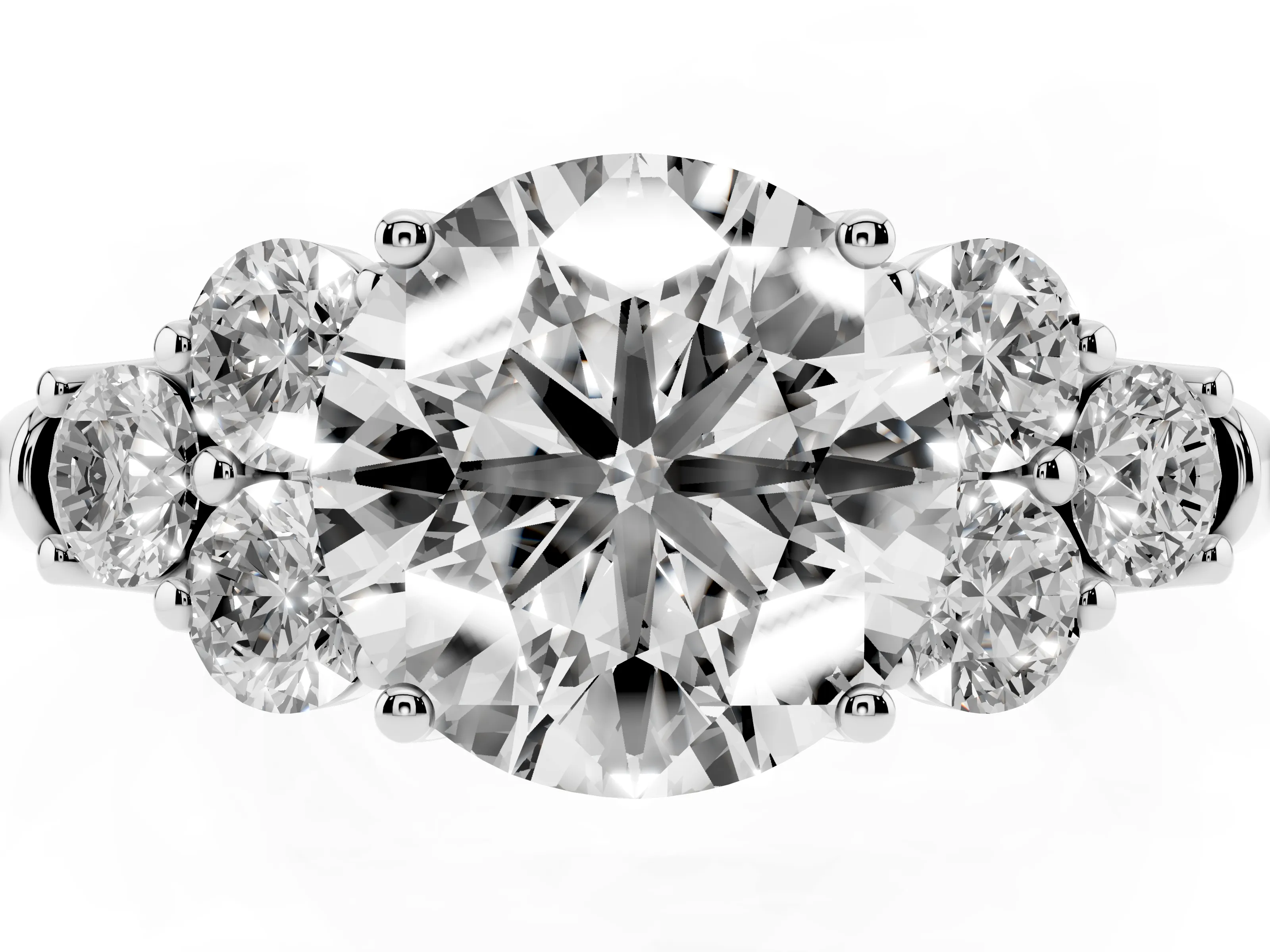 Round Cut Diamond Cluster Ring Set in Platinum with Round Accent Stones and Prong Setting on a Plain Band