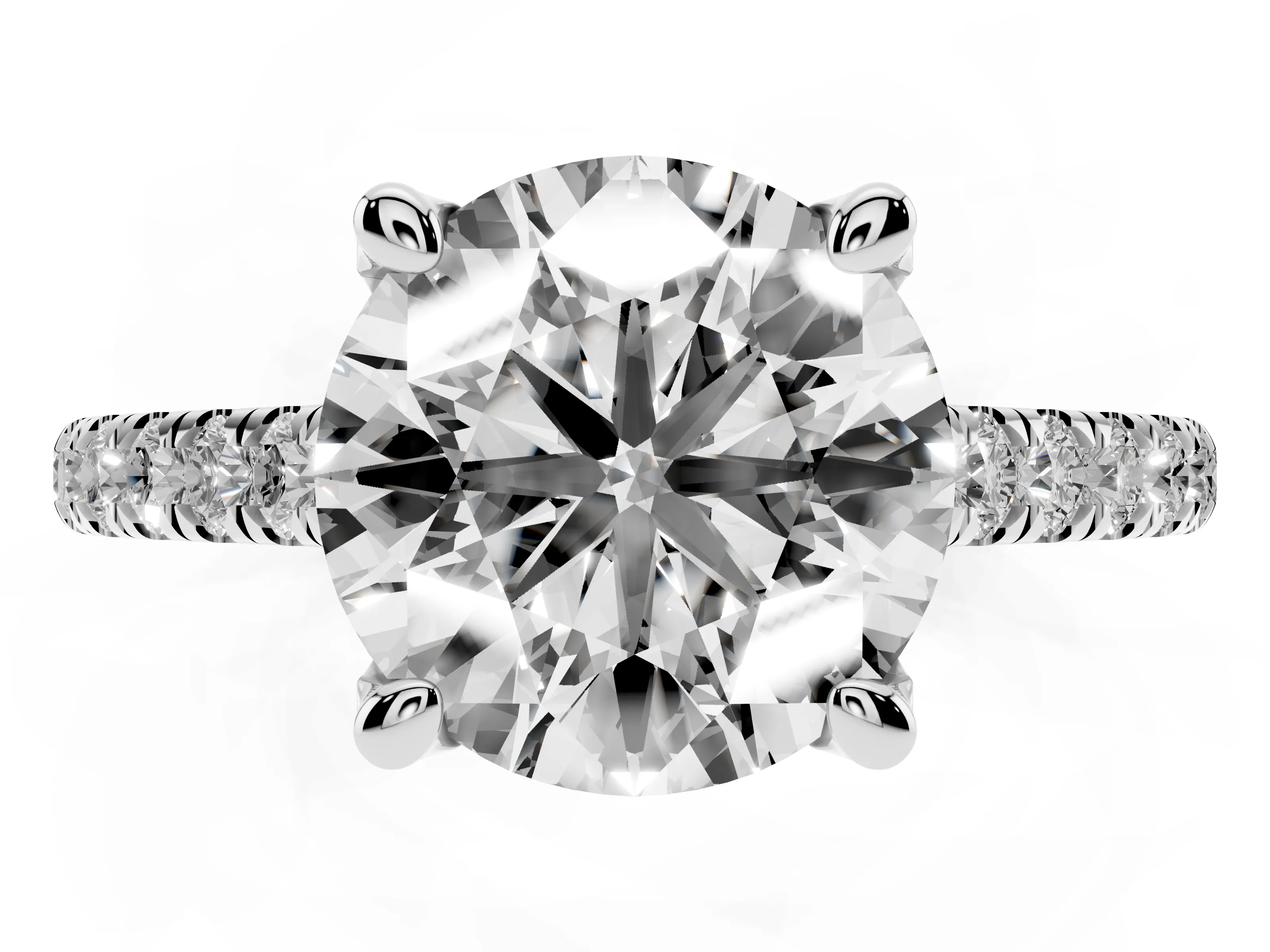 Round Cut Diamond Solitaire Ring Set in Platinum with Brilliant Pavé Band and Prong Setting