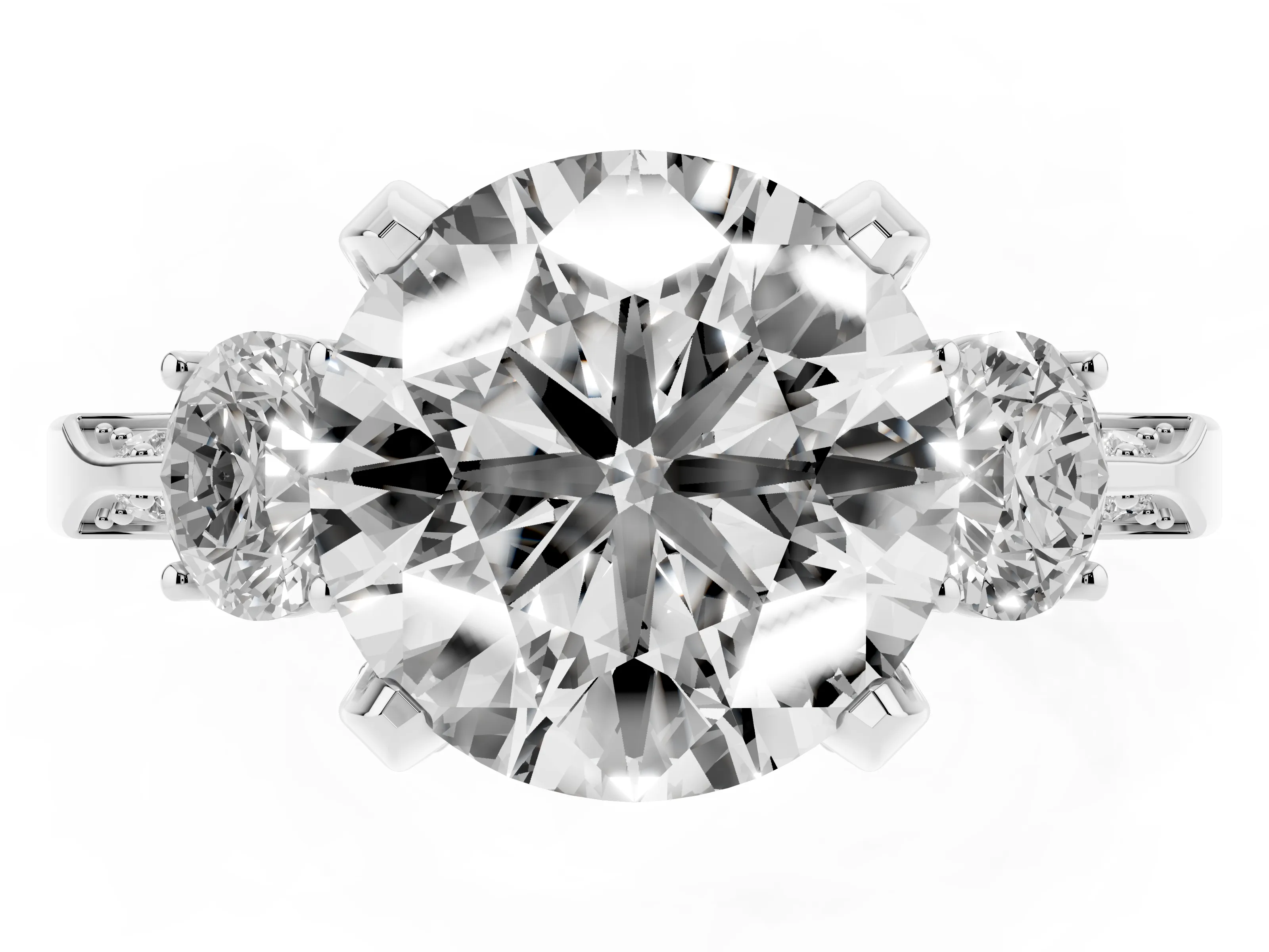 Round Cut Diamond Three-Stone Ring Set in Platinum with Pavé Band and Smaller Side Stones