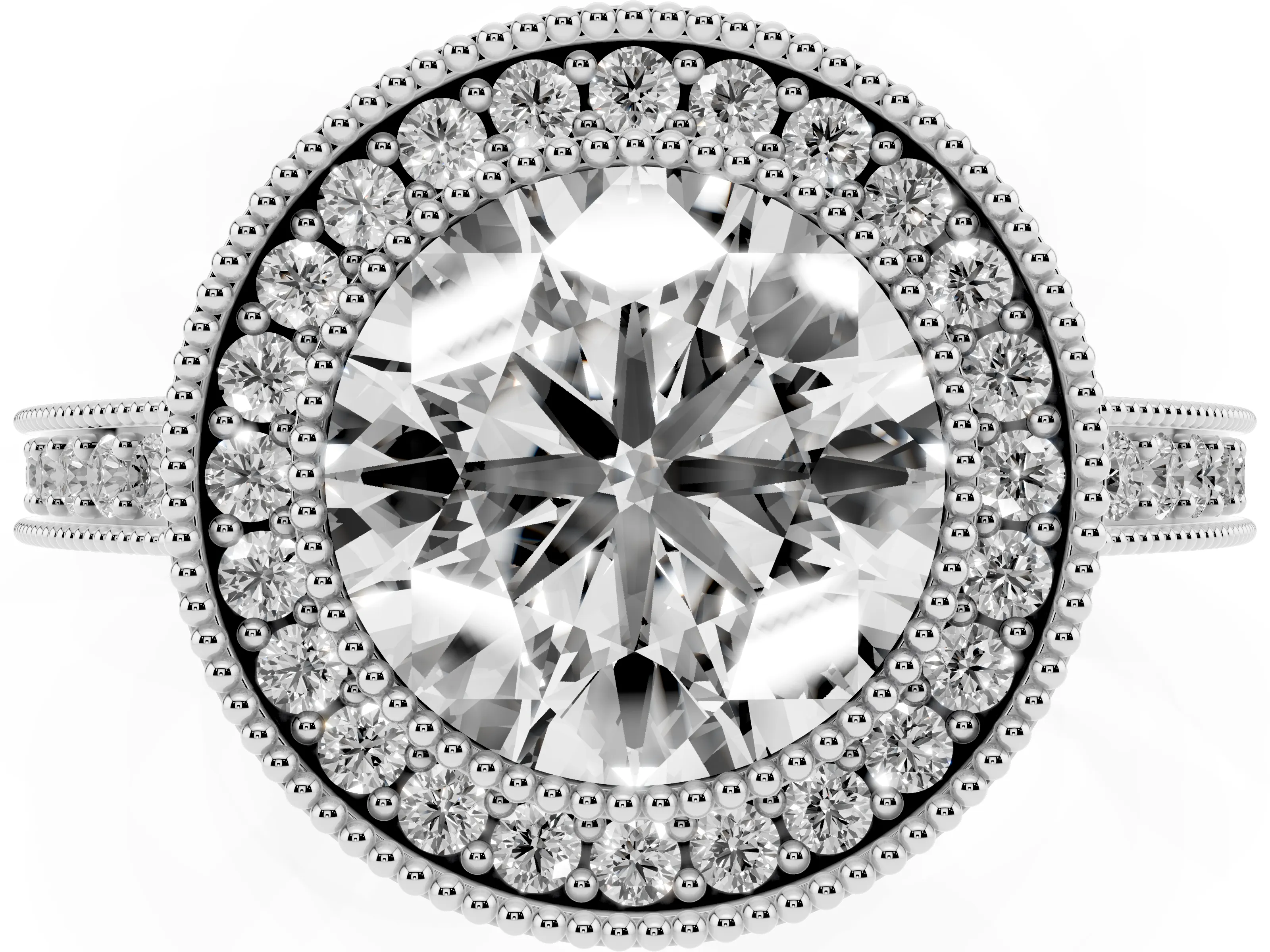 Round Cut Diamond Round Halo Ring Set in White gold with Pavé Band