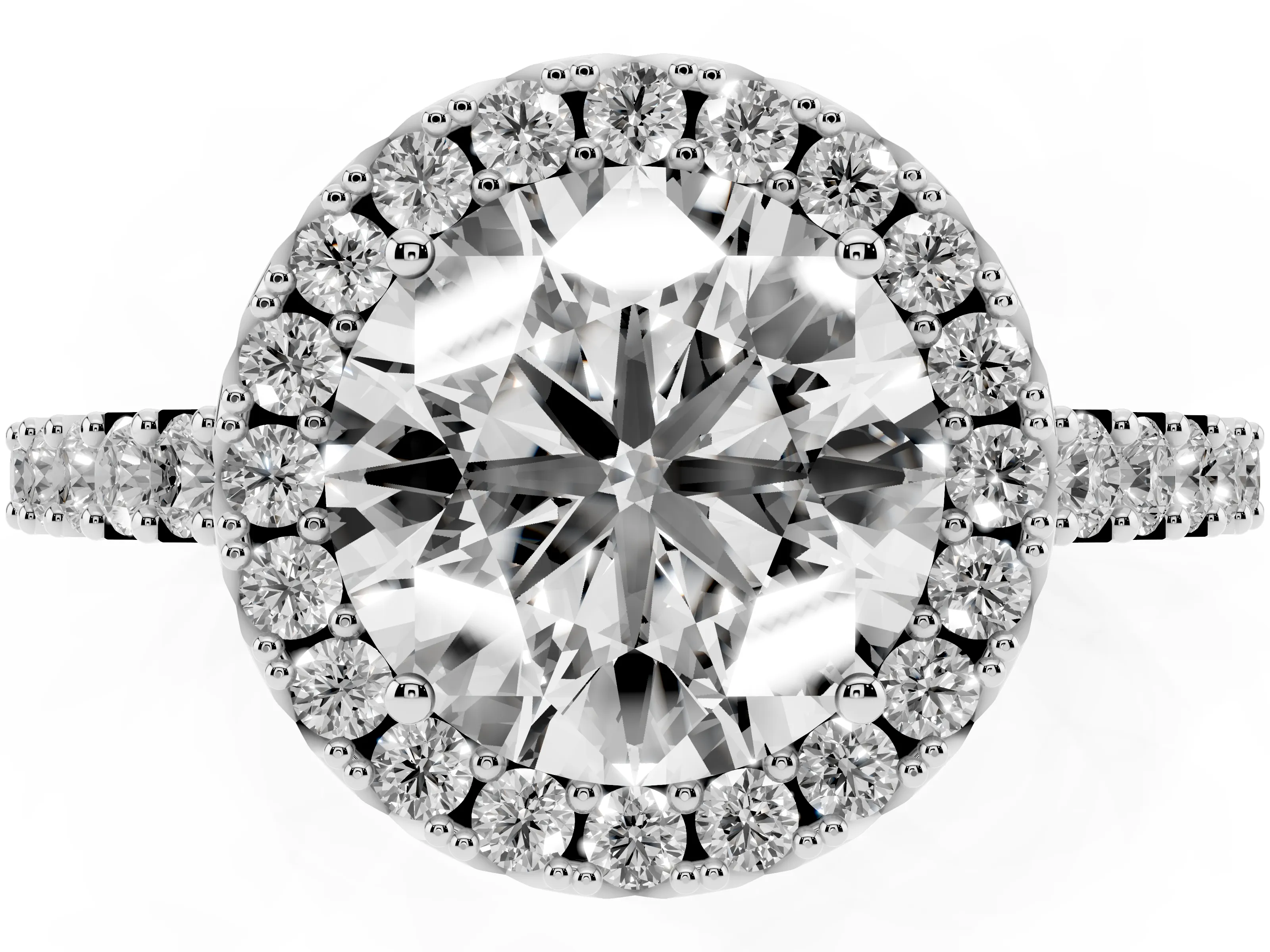 Round Cut Diamond Halo Pavé Solitaire Ring Set in White gold with Prong-Set Center Stone