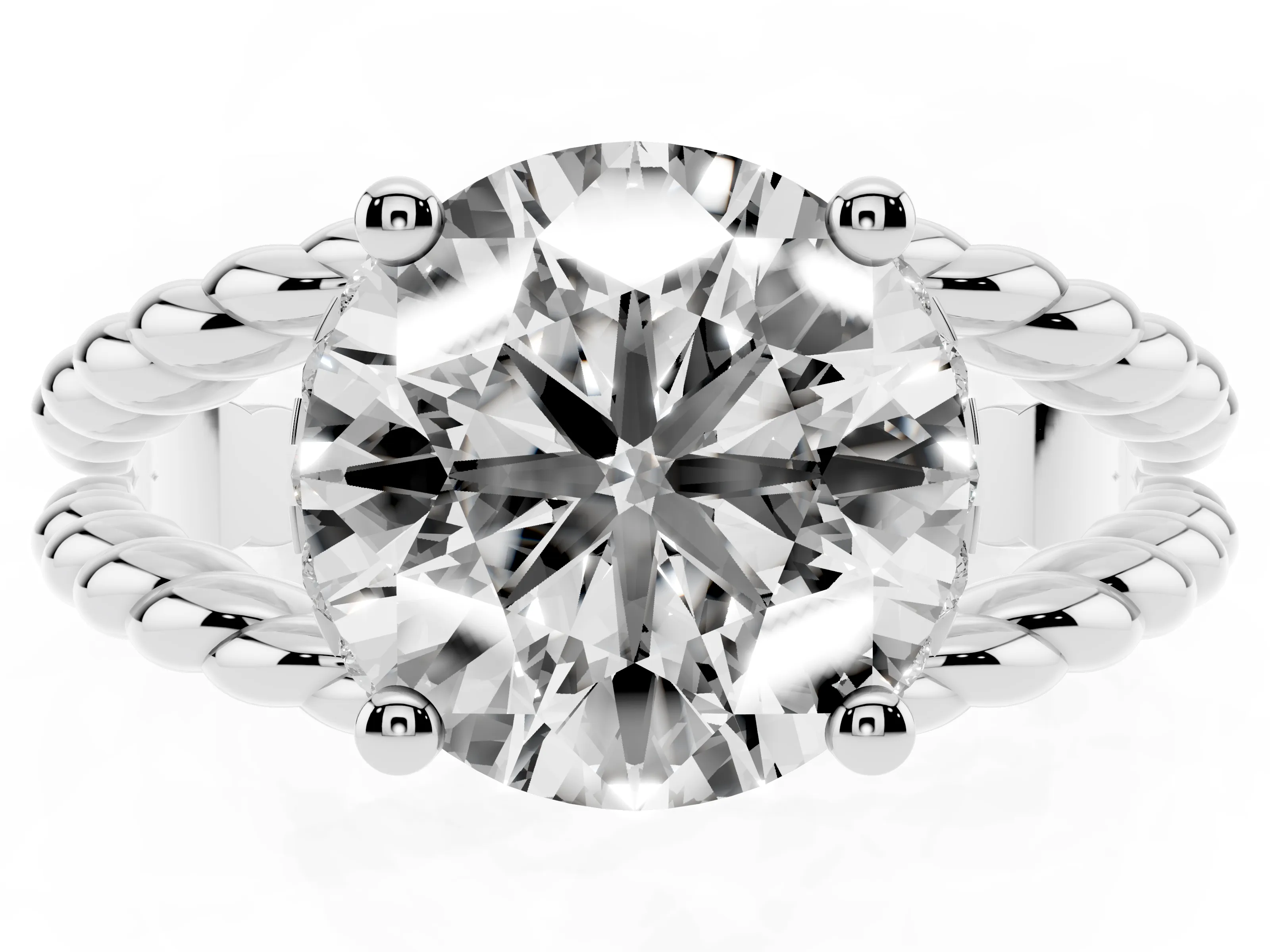 Round Cut Diamond Halo Ring Set in White gold with Twisted Band and Prong Setting