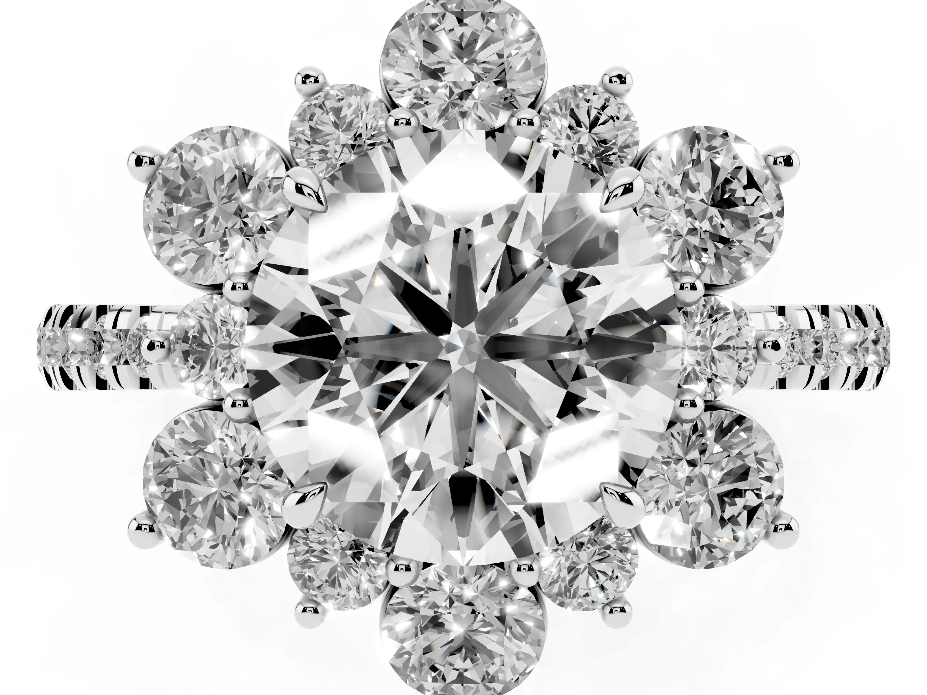 Round Cut Diamond Floral Halo Ring Set in White gold with Round Pavé Band and Prong Setting