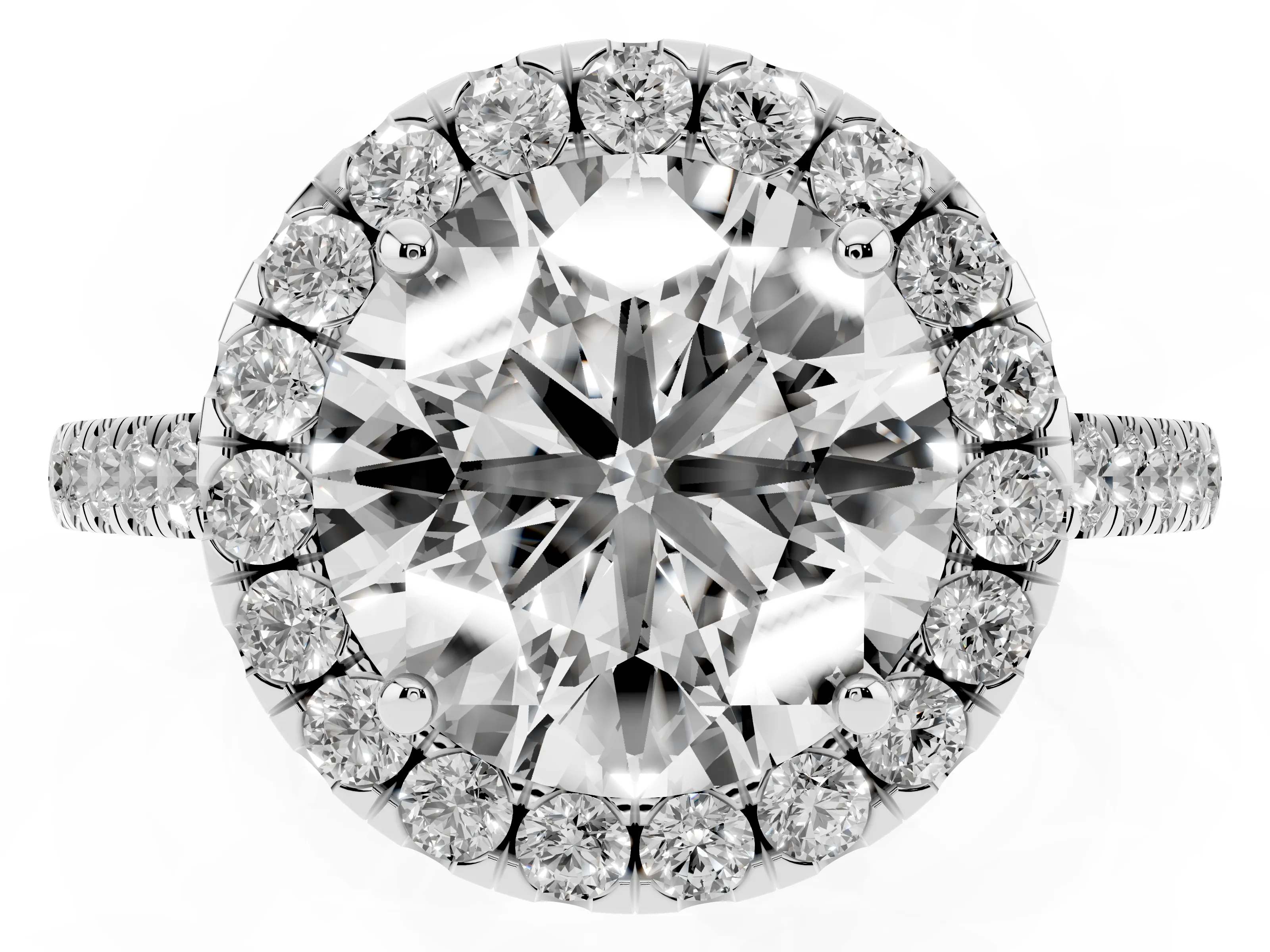 Round Cut Diamond Halo Pavé Engagement Ring Set in White gold with Prong Setting