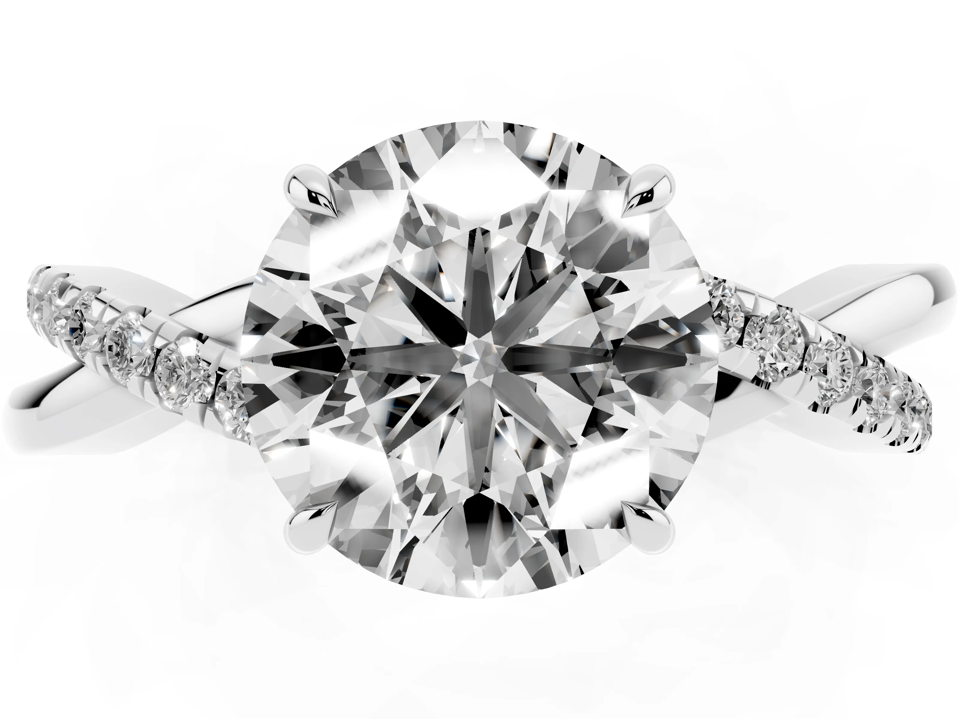 Round Cut Diamond Twisted Pavé Band Ring Set in White gold with Prong Setting